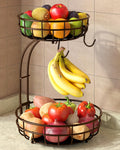 2 Tier Large Fruit Basket for Kitchen Counter with Removable Banana Hanger - Sturdy Iron Fruit Bowl for Kitchen Counter and Vegetable Holder, Fruit Holder for Kitchen Countertop, Black