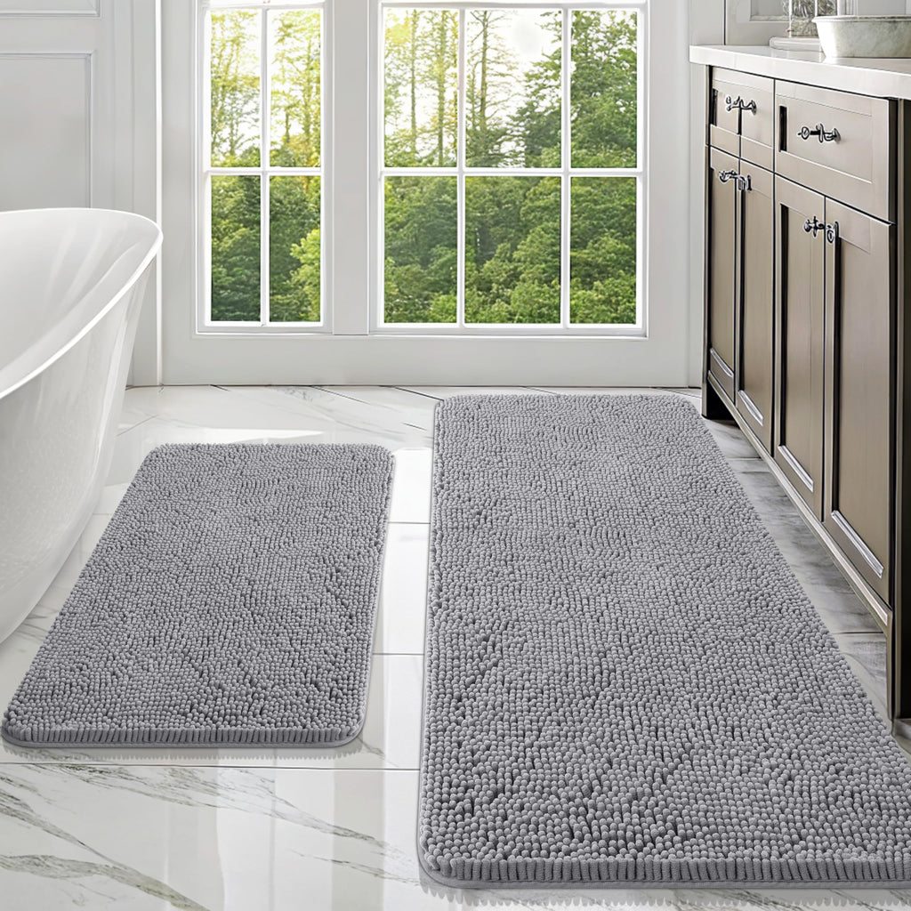OLANLY Bathroom Rugs Sets 2 Piece, Soft Absorbent Chenille Bath Mats and U-Shaped Contour Toilet Mat Area Rug Set, Machine Washable Bath Carpet, Home Decor Accessories(30"x20"+24"x20", Grey)