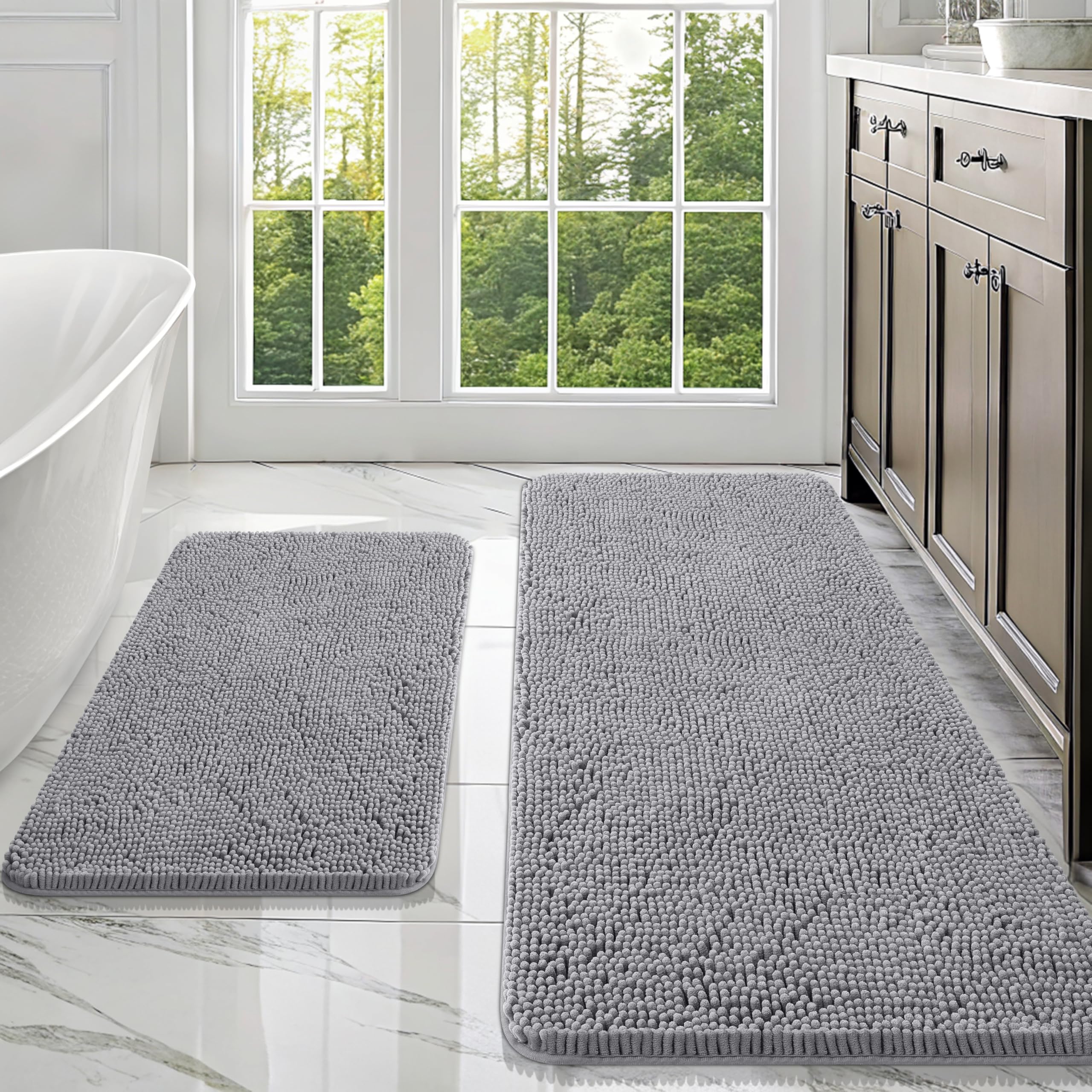 OLANLY Bathroom Rugs Sets 2 Piece, Soft Absorbent Chenille Bath Mats and U-Shaped Contour Toilet Mat Area Rug Set, Machine Washable Bath Carpet, Home Decor Accessories(30"x20"+24"x20", Grey)
