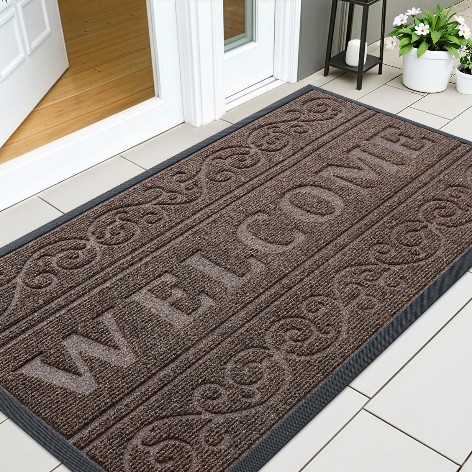 OLANLY Front Door Mat Outside Entrance 29.5x17, Absorbent, Heavy Duty Sturdy Natural Rubber Doormat Indoor Outdoor, Stain and Fade Resistant, Non-Slip Backing Low Profile Floor Mat for Entryway, Grey