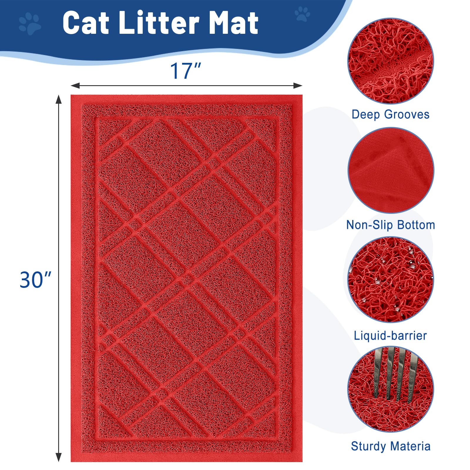 Smiry Cat Litter Box Mat 30x17, Non-Slip Water Resistant Litter Trapping Mat, Easy Clean Less Waste and Urine-Locking Cat Carpet for Indoor, Grey
