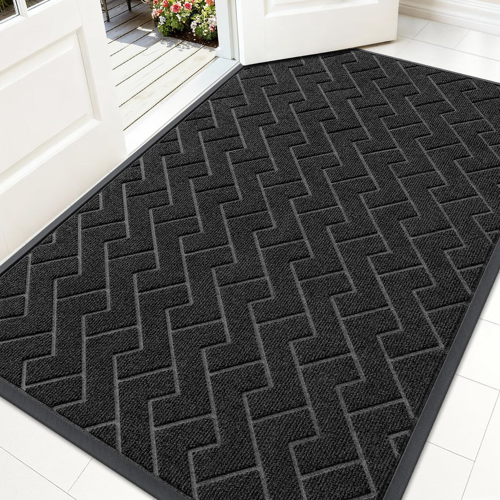 OLANLY Front Door Mat Indoor Outdoor Entrance, Waterproof All-Season, All-Weather Doormat, Sturdy Natural Rubber, Fade Resistant, Low Profile, Easy Clean Patio Porch Entryway Mat, 29.5x17, Black
