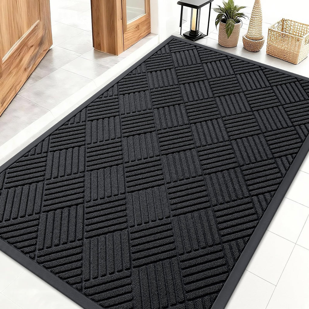 OLANLY Front Door Mat Outside Entrance 29.5x17, Absorbent, Heavy Duty Sturdy Natural Rubber Doormat Indoor Outdoor, Stain and Fade Resistant, Non-Slip Low Profile Floor Mat for Entryway, Grey Diamond