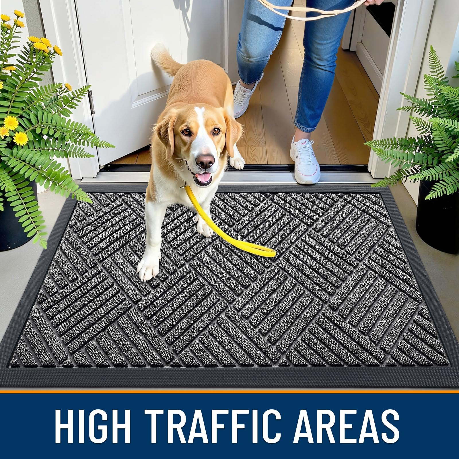 OLANLY Front Door Mat Outside Entrance 29.5x17, Absorbent, Heavy Duty Sturdy Natural Rubber Doormat Indoor Outdoor, Stain and Fade Resistant, Non-Slip Low Profile Floor Mat for Entryway, Grey Diamond