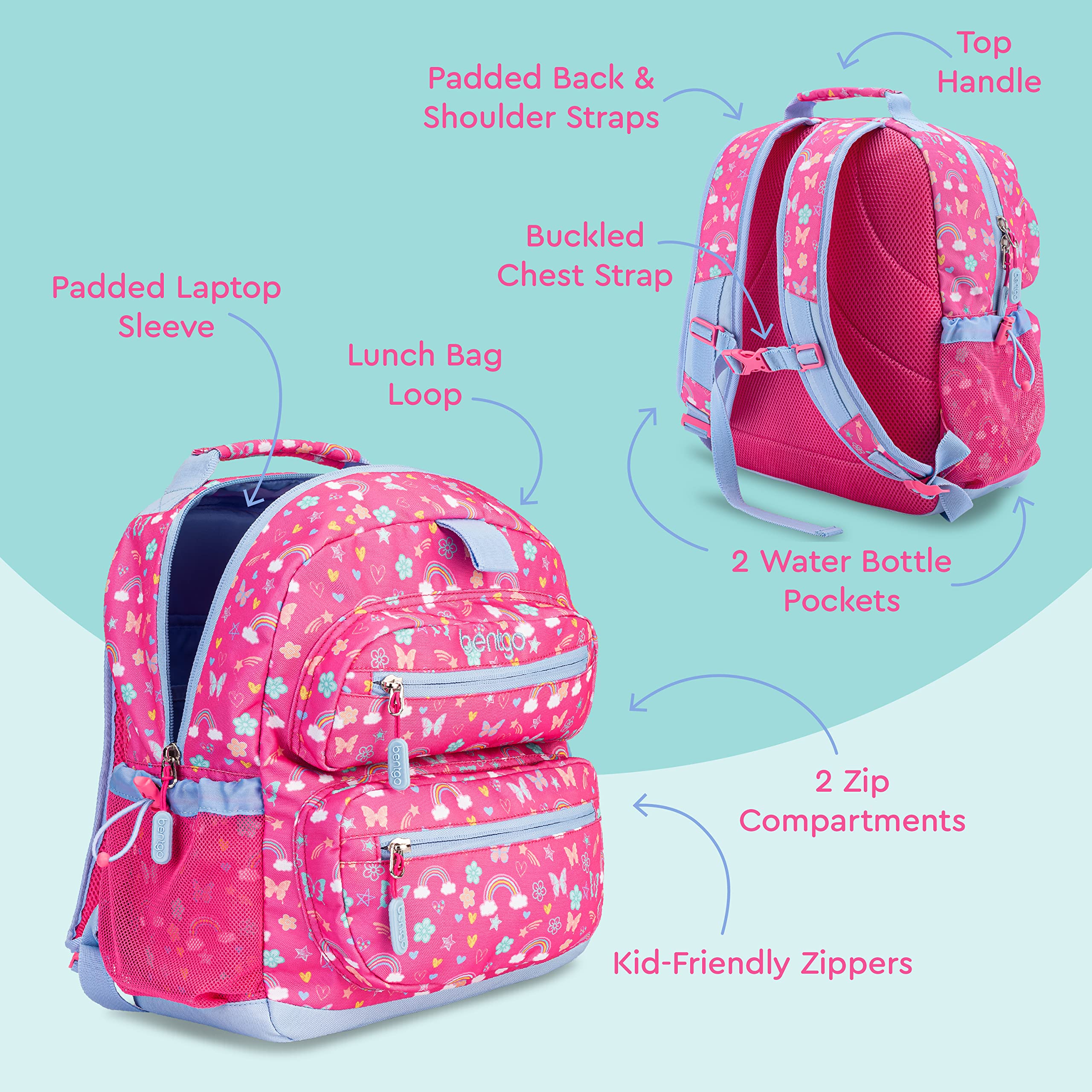Bentgo Kids Backpack - Lightweight 14” Backpack in Fun Prints for School, Travel, & Daycare, Ideal for Ages 4+, Roomy Interior, Durable & Water-Resistant Fabric, & Loop for Lunch Bag (Trucks)