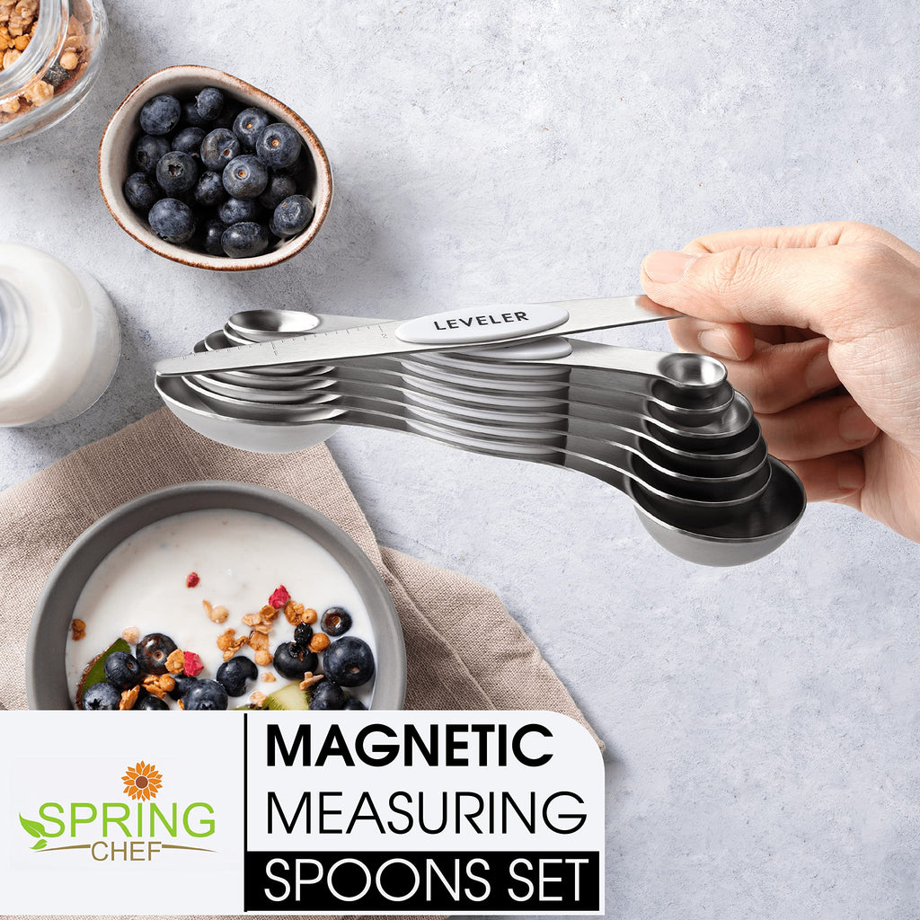 Spring Chef Stainless Steel Magnetic Measuring Spoons Set with Strong N45 Magnets, Heavy Duty Metal Kitchen Gadgets for Baking & Cooking, Fits in Most Kitchen Spice Jars, Set of 8 with Leveler, Black