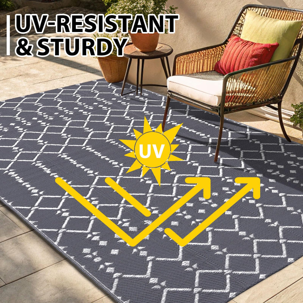 Smiry Waterproof Outdoor Rug 5x8 ft, Reversible Plastic Straw Patio Camping Rugs, Outdoor Indoor RV Mat Carpet for Patio, Outside Entry, Backyard, Deck, Bench, Picnic, Camper, Black & Beige