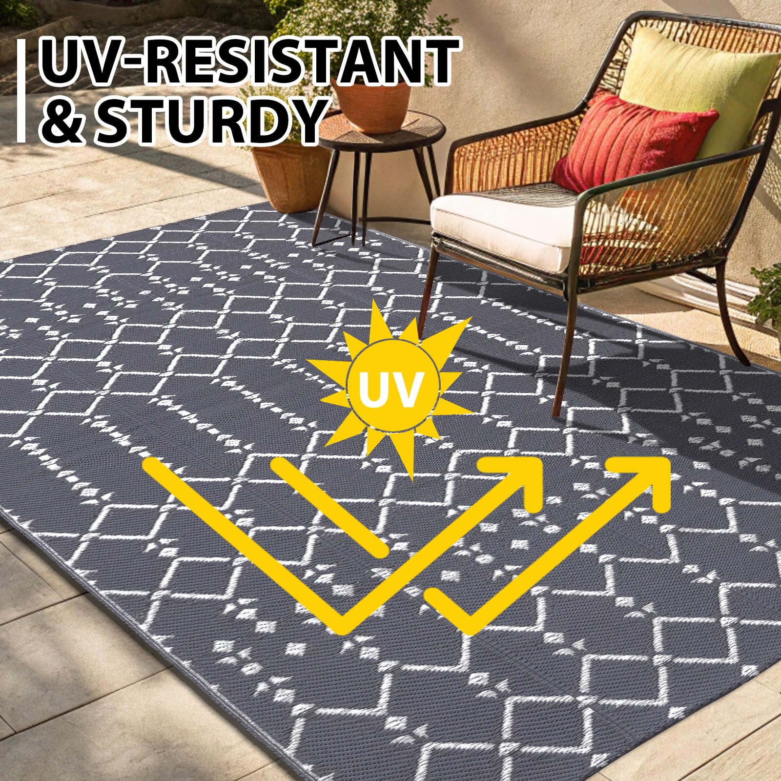 Smiry Waterproof Outdoor Rug 5x8 ft, Reversible Plastic Straw Patio Camping Rugs, Outdoor Indoor RV Mat Carpet for Patio, Outside Entry, Backyard, Deck, Bench, Picnic, Camper, Black & Beige