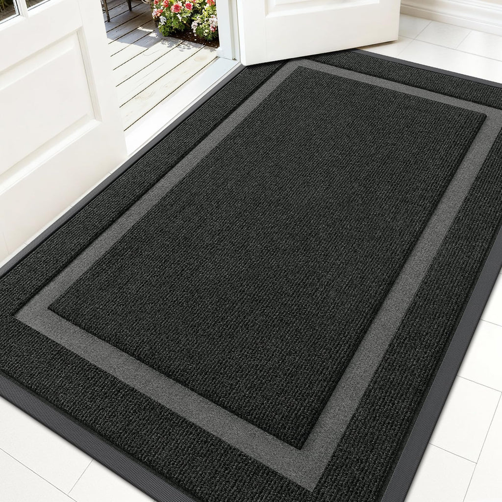 OLANLY Front Door Mat Indoor Outdoor Entrance, Waterproof All-Season, All-Weather Doormat, Sturdy Natural Rubber, Fade Resistant, Low Profile, Easy Clean Patio Porch Entryway Mat, 29.5x17, Black