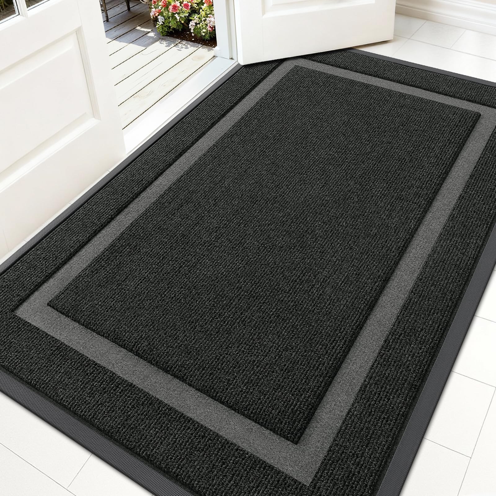 OLANLY Front Door Mat Indoor Outdoor Entrance, Waterproof All-Season, All-Weather Doormat, Sturdy Natural Rubber, Fade Resistant, Low Profile, Easy Clean Patio Porch Entryway Mat, 29.5x17, Black