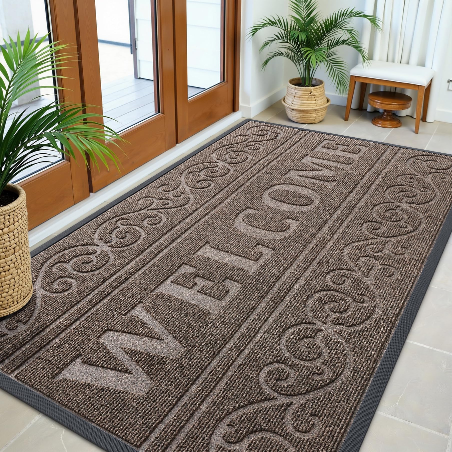 OLANLY Front Door Mat Outside Entrance 29.5x17, Absorbent, Heavy Duty Sturdy Natural Rubber Doormat Indoor Outdoor, Stain and Fade Resistant, Non-Slip Backing Low Profile Floor Mat for Entryway, Grey