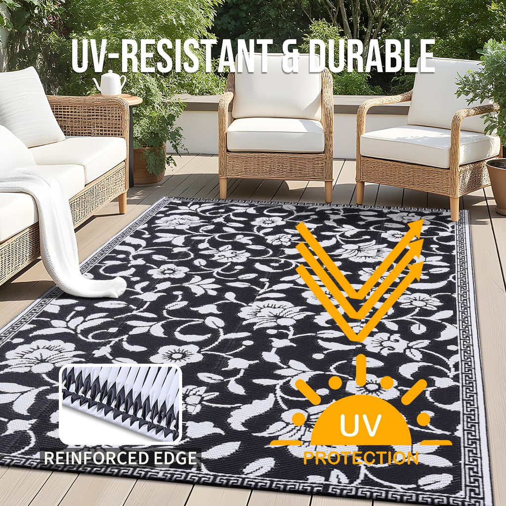 OLANLY Waterproof Outdoor Rug 5x8 ft, Outdoor Plastic Straw Rug with Flower Pattern, Reversible RV Mat for Patio, Camping, Balcony, Deck, Backyard, Navy & White