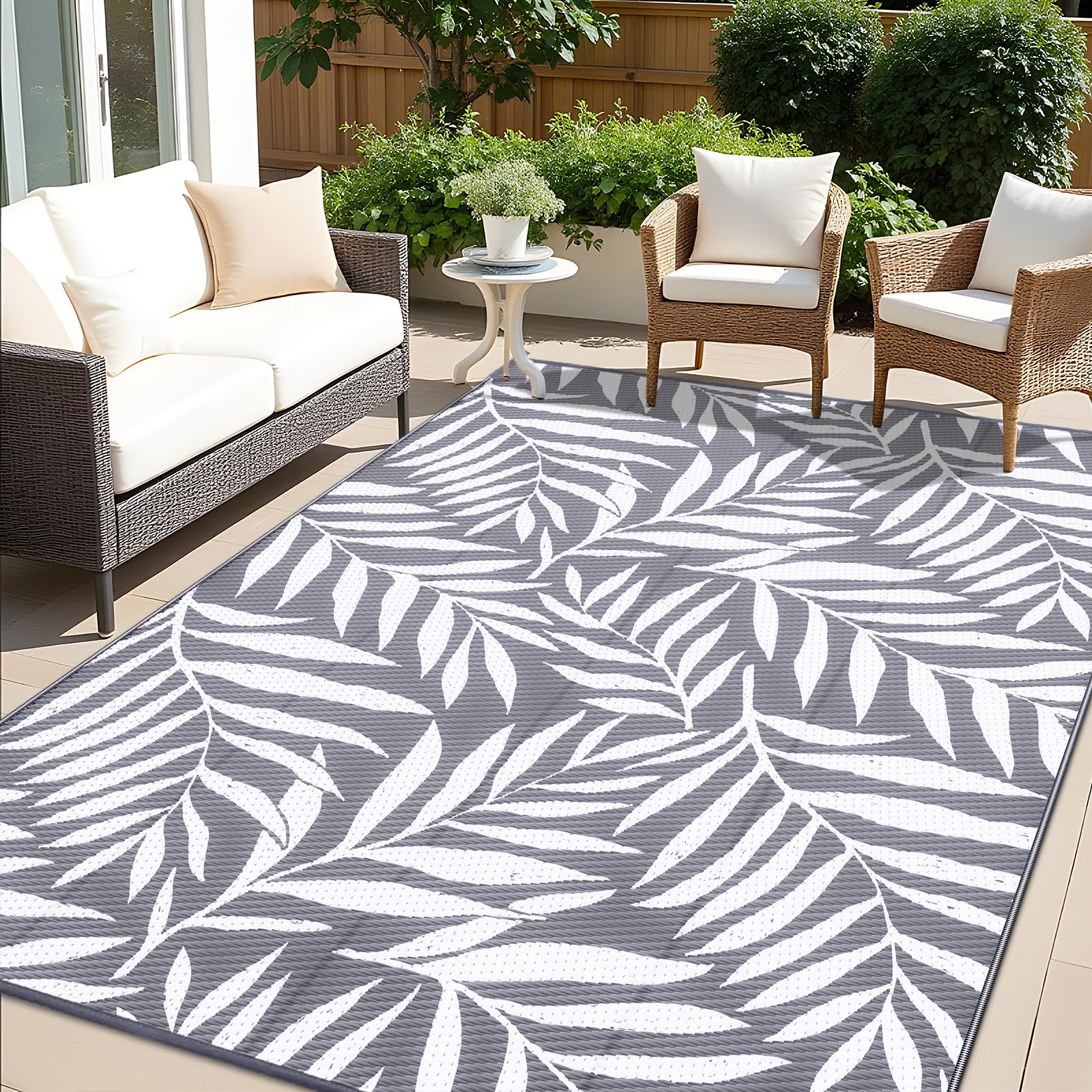 OLANLY Waterproof Outdoor Rug 5x8 ft, Reversible Outdoor Plastic Straw Rug with Leaf Pattern, RV Mat, Indoor Outdoor Carpet for Patio, Camping, Balcony, Deck, Backyard, Grey & White