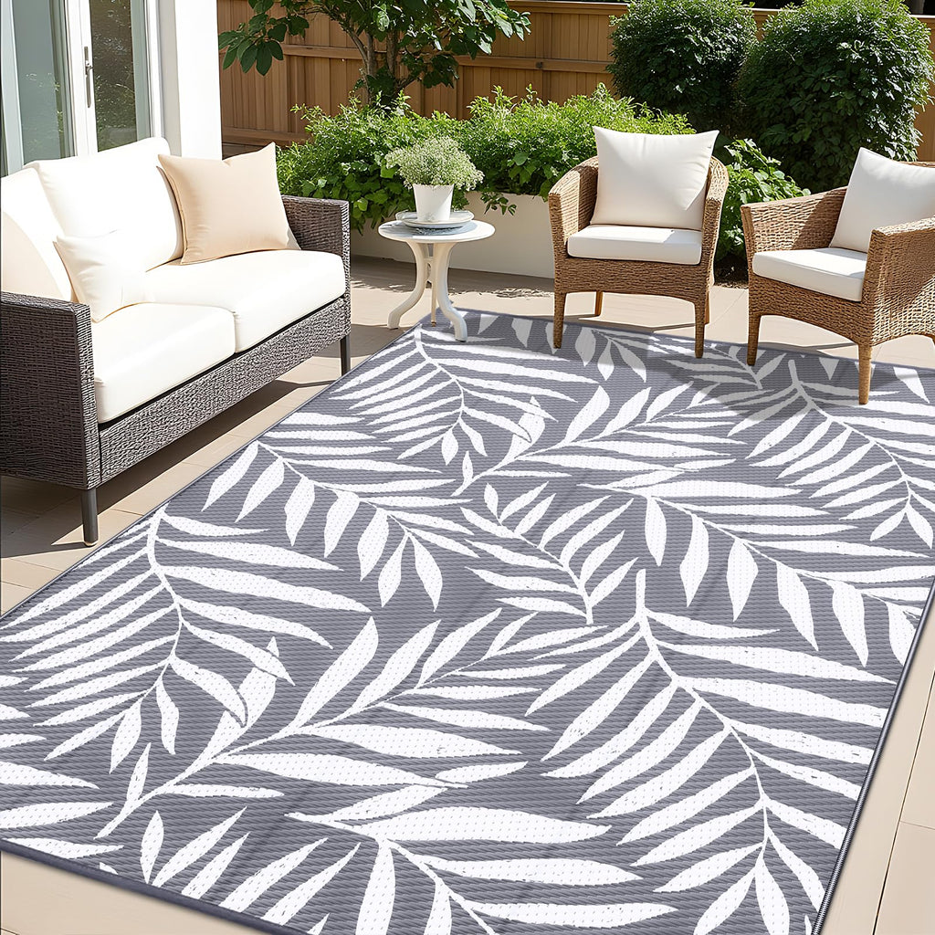 OLANLY Waterproof Outdoor Rug 5x8 ft, Reversible Outdoor Plastic Straw Rug with Leaf Pattern, RV Mat, Indoor Outdoor Carpet for Patio, Camping, Balcony, Deck, Backyard, Grey & White