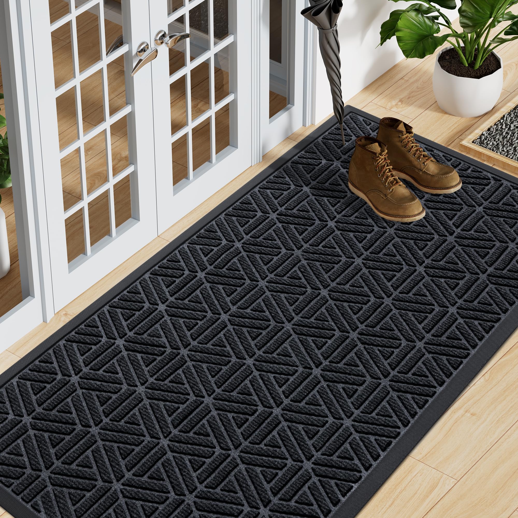 Smiry Front Door Mat Outside Entrance, Heavy Duty Sturdy Natural Rubber Doormat, Trap Dirt and Moisture, Easy Clean Low Profile Mats for Indoor Outdoor Entry, Irregular Triangle (29.5x17, Black)