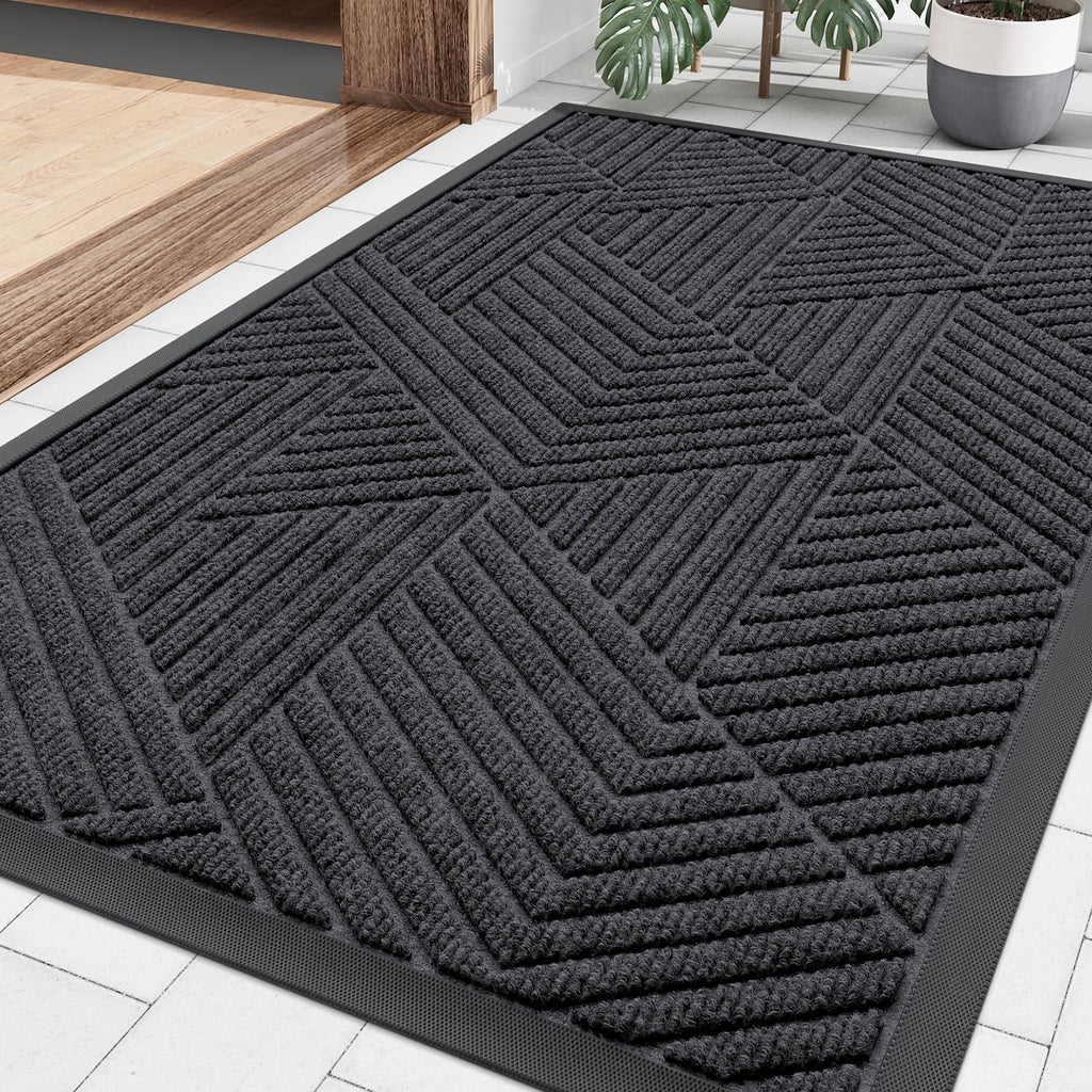 Smiry Front Door Mat Outside Entrance, Heavy Duty Sturdy Natural Rubber Doormat, Trap Dirt and Moisture, Easy Clean Low Profile Mats for Indoor Outdoor Entry, Irregular Triangle (29.5x17, Black)