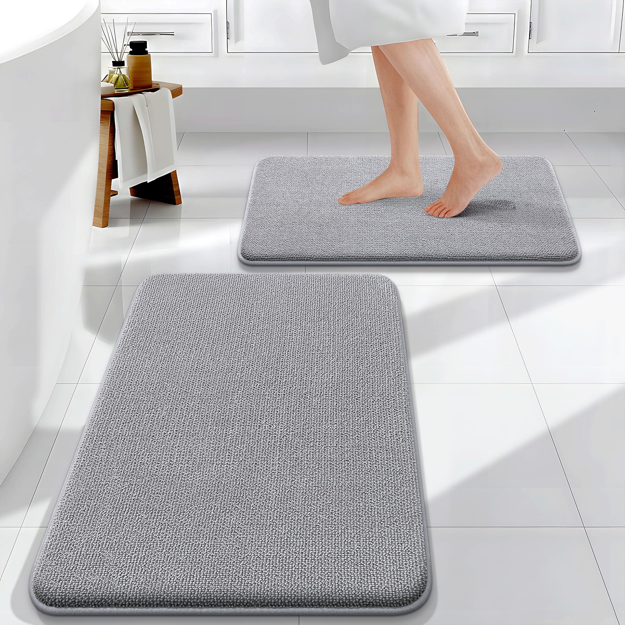 OLANLY Bathroom Rugs Sets 2 Piece, Soft Absorbent Memory Foam Bath Rug Set, Non-Slip, Quick Dry, Machine Washable Bath Mats for Bathroom, Home Decor Accessories (30"x20"+24"x16", Grey)