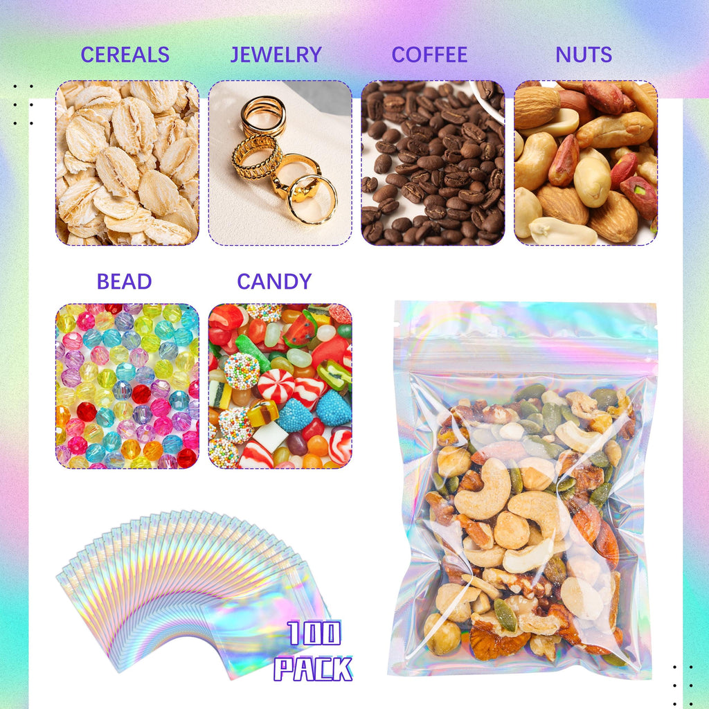 Holographic Mylar Bags Resealable Smell Proof Bags for lip gloss, Jewelry, Lash Candy and More - Small Business Packaging Supplies(100PACK, 3x9INCH)