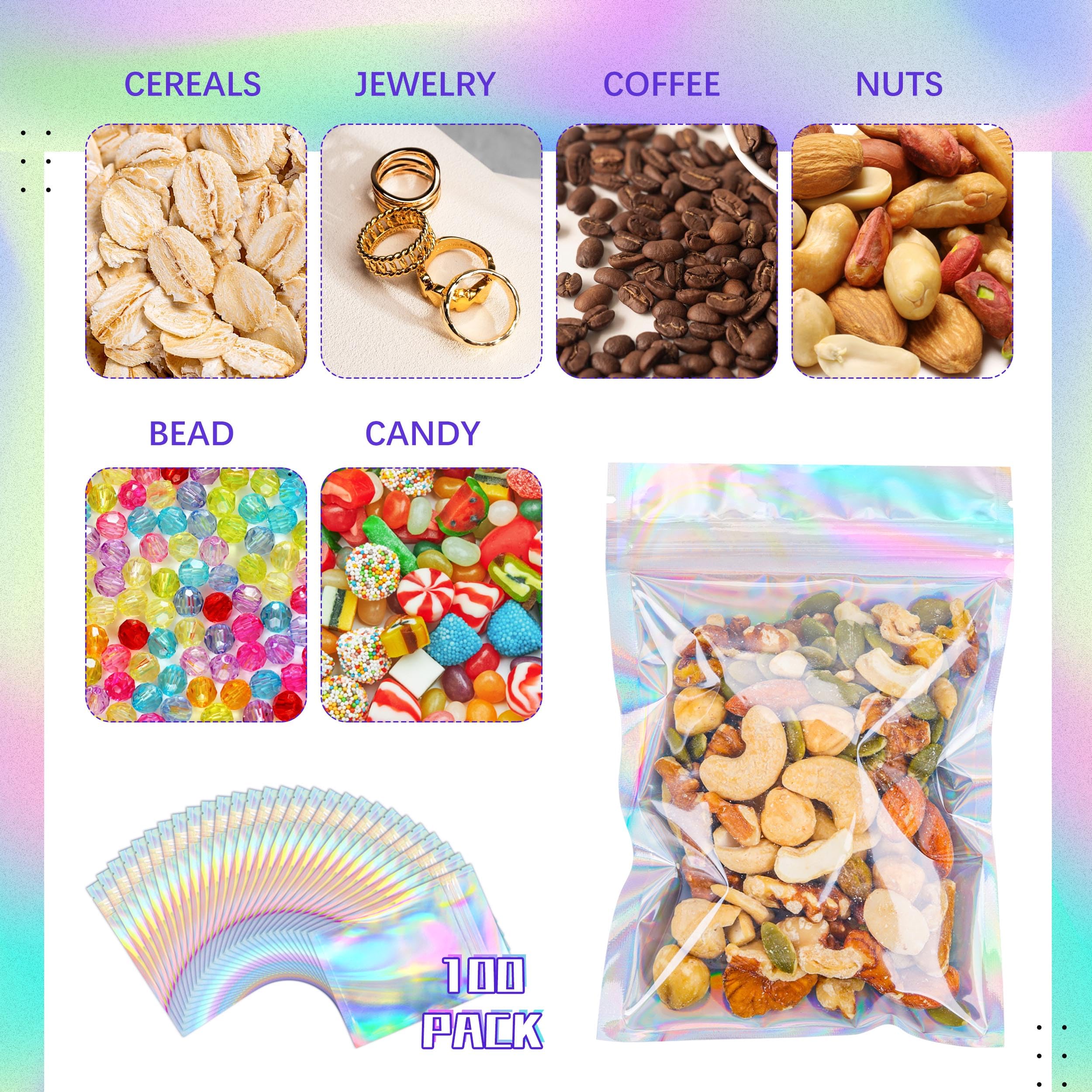 Holographic Mylar Bags Resealable Smell Proof Bags for lip gloss, Jewelry, Lash Candy and More - Small Business Packaging Supplies(100PACK, 3x9INCH)