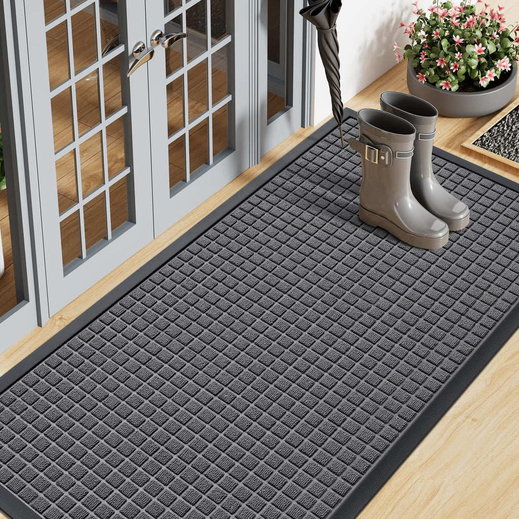 Smiry Front Door Mat Outside Entrance, Heavy Duty Natural Rubber Doormat, Non Slip, Trap Dirt and Moisture, Easy Clean, Low Profile Welcome Floor Mats for Indoor Outdoor Entry, 29.5x17 Inch, Black