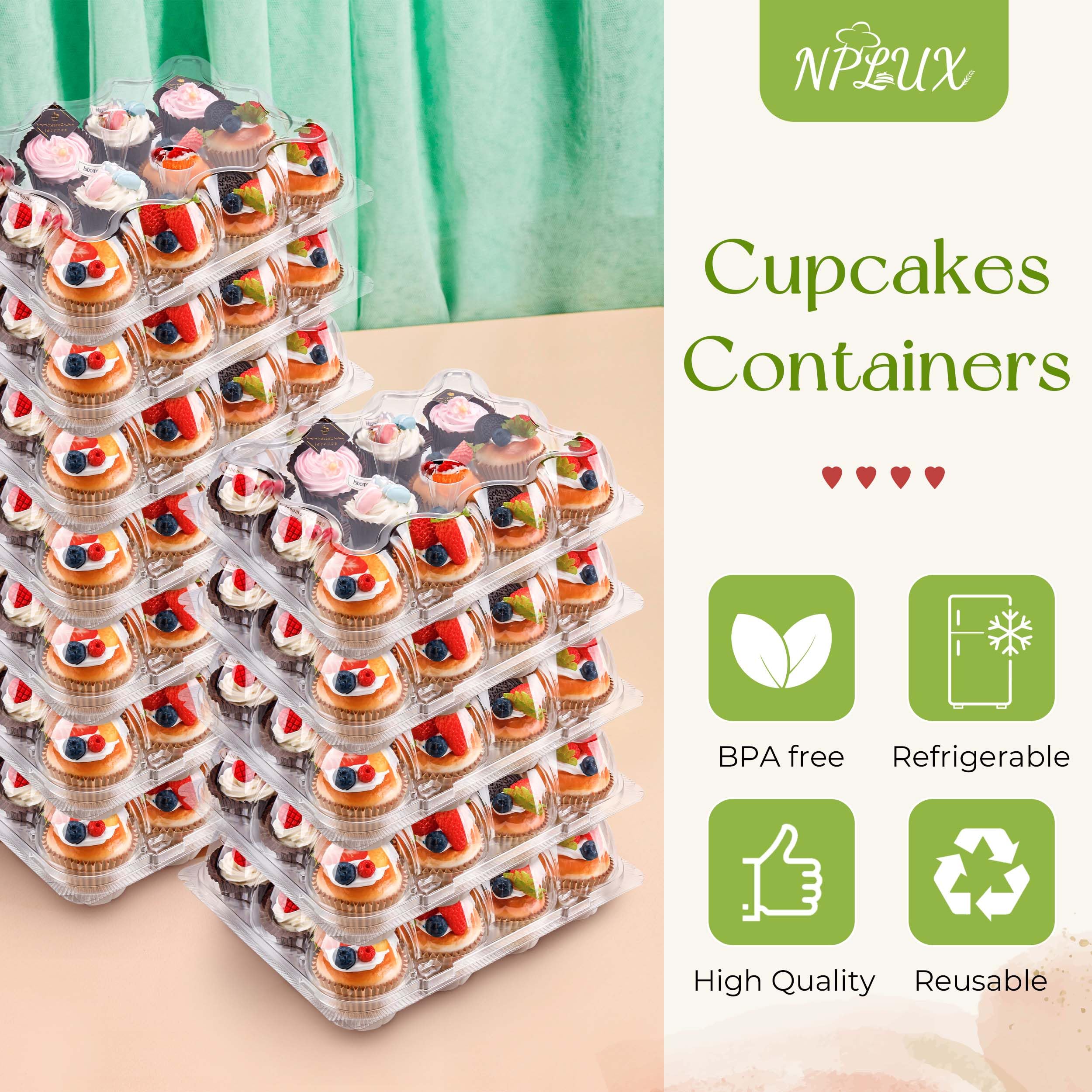 12 Count Cupcake Containers 12 Pack Cupcake Holders Plastic Stackable Cupcake Boxes with Detachable Tall Dome Lids and 144 Liners for 144 Cupcakes, BPA Free, Standard Size