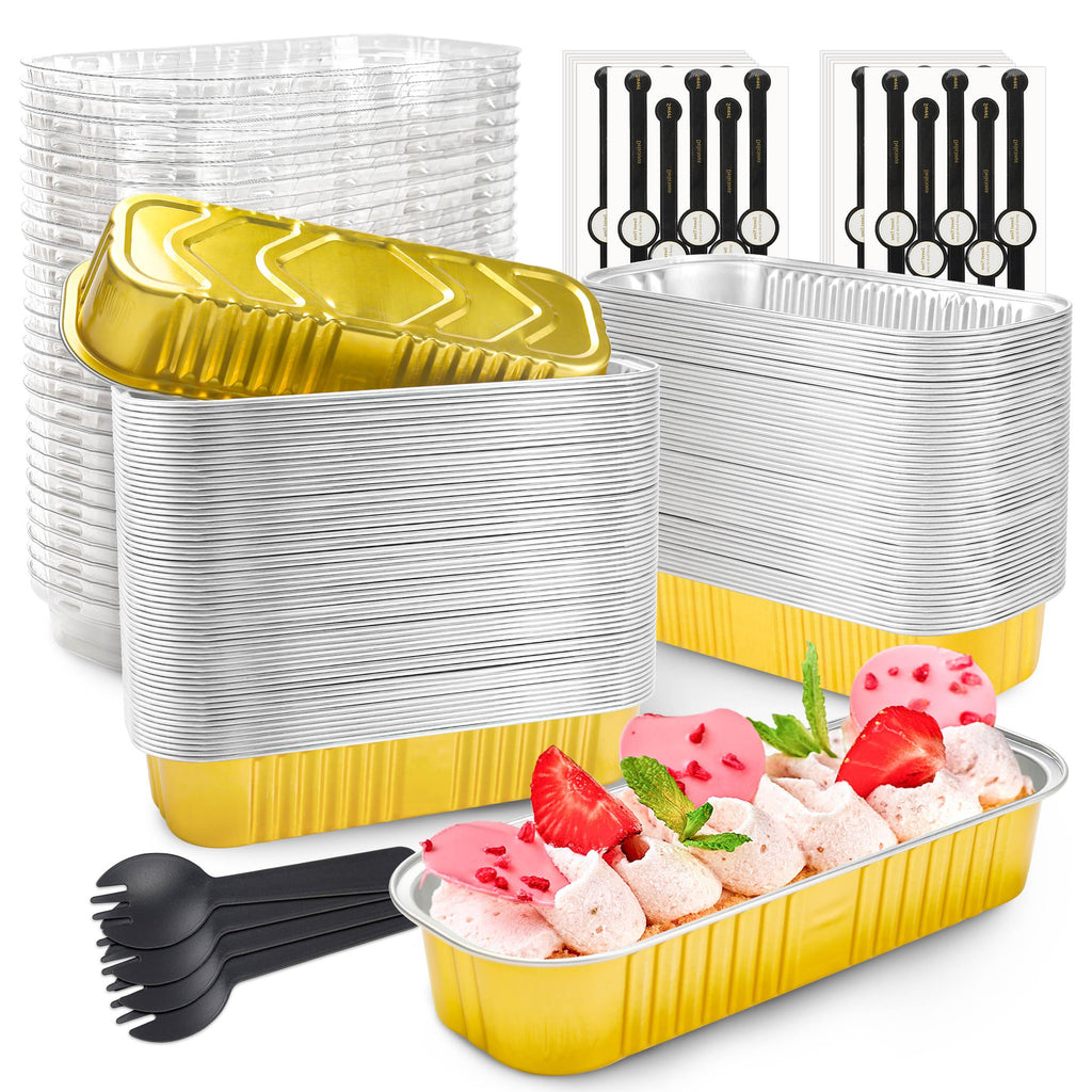 Mini Loaf Pans with Lids and Spoons Rectangular Aluminum Foil Baking Pans Mini Cheesecake Containers 6.8oz(60 Pack, Pink)