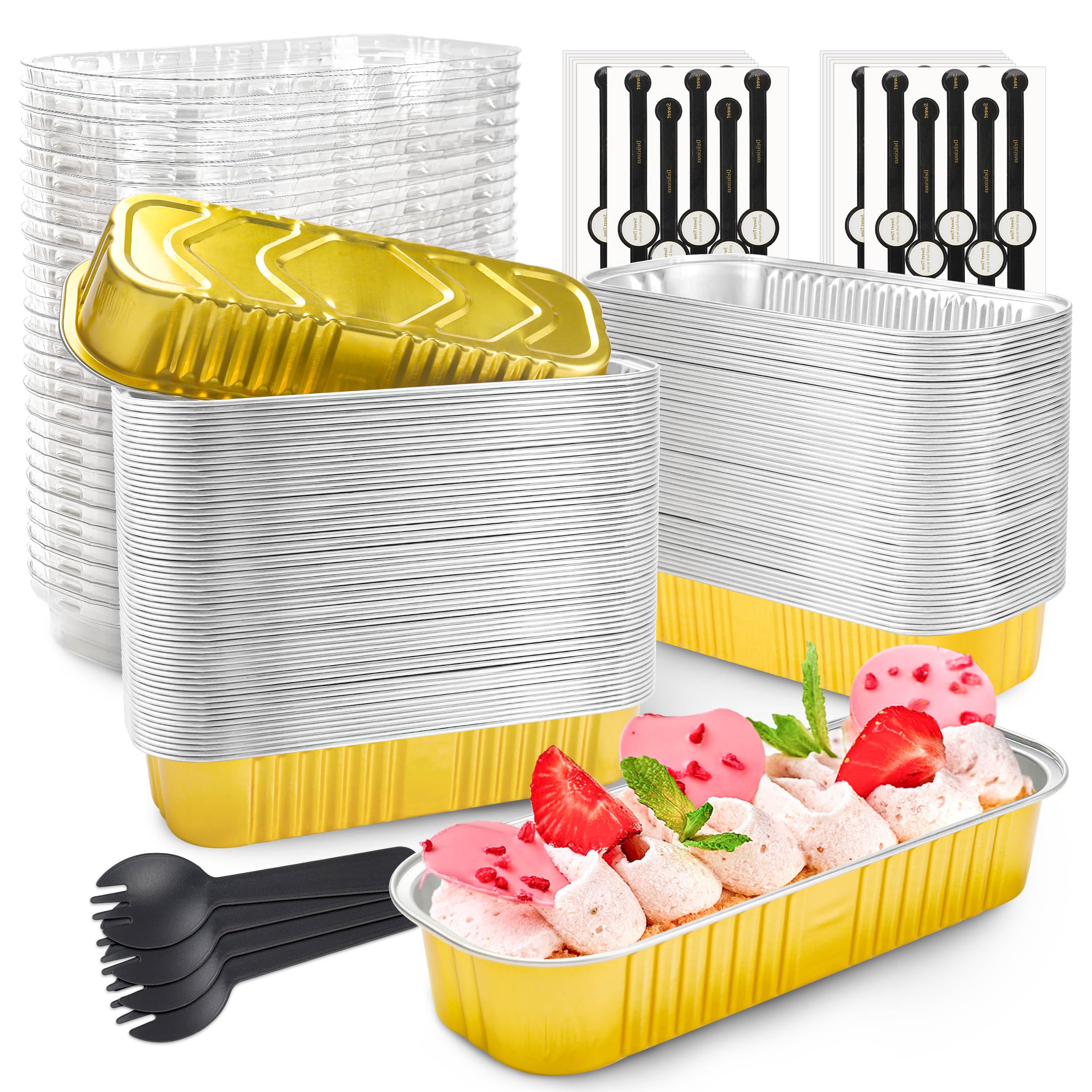 Mini Loaf Pans with Lids and Spoons Rectangular Aluminum Foil Baking Pans Mini Cheesecake Containers 6.8oz(60 Pack, Pink)
