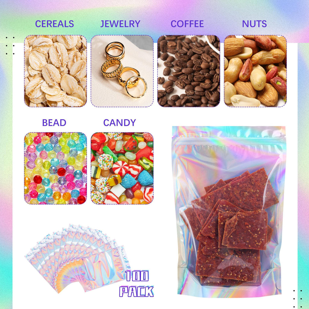 Holographic Mylar Bags Resealable Smell Proof Bags for lip gloss, Jewelry, Lash Candy and More - Small Business Packaging Supplies(100PACK, 3x9INCH)