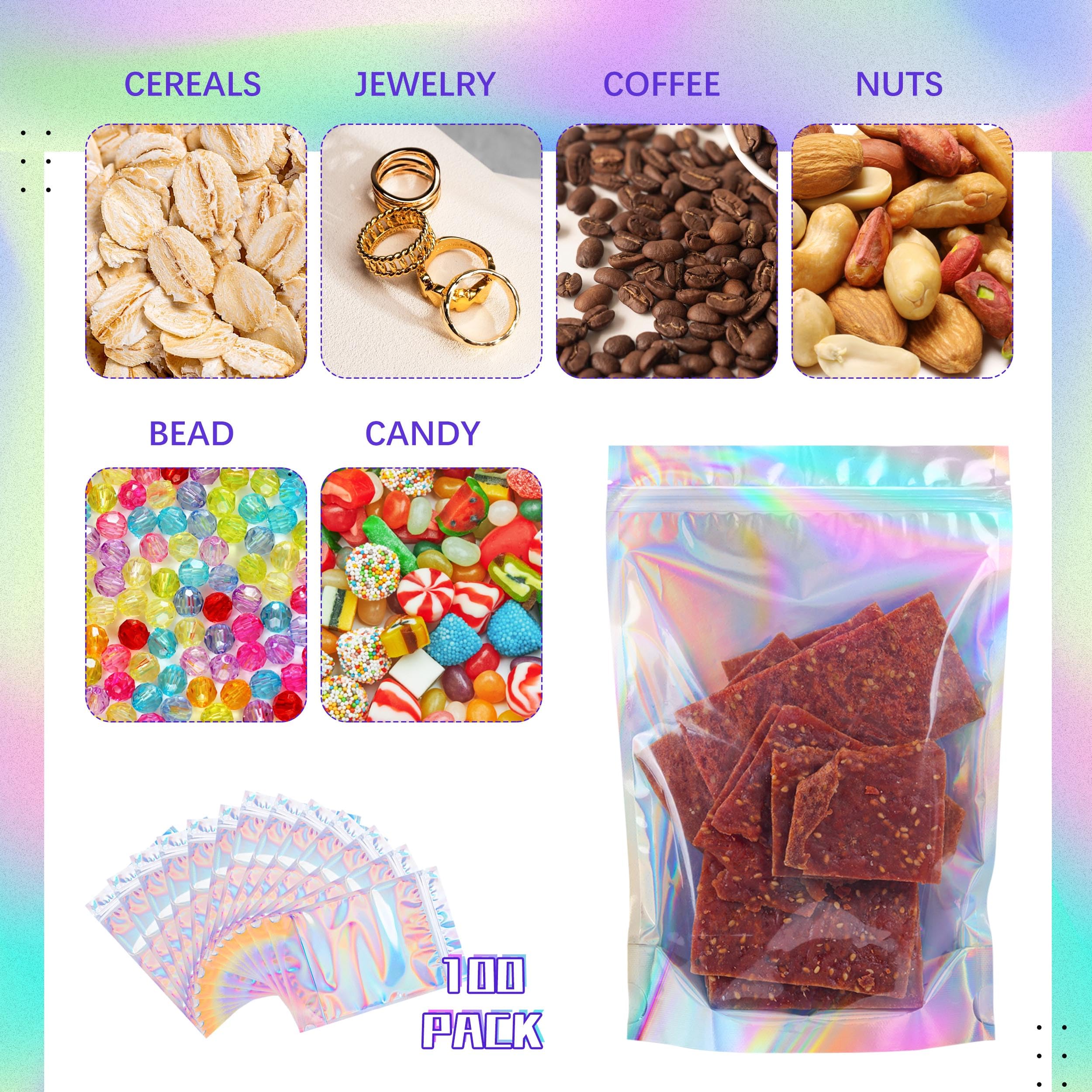 Holographic Mylar Bags Resealable Smell Proof Bags for lip gloss, Jewelry, Lash Candy and More - Small Business Packaging Supplies(100PACK, 3x9INCH)