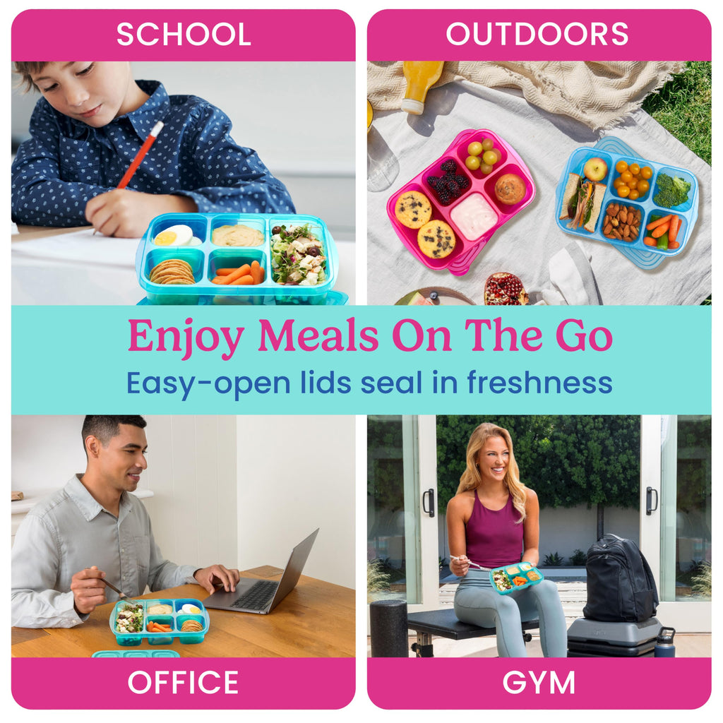 Bentgo Easyboxes - Reusable 5-Compartment Food Containers, Stackable 8-Piece Set, 4 Trays & 4 Lids, BPA-Free Food Storage for Meal Prep, School, & Work; Lunch Boxes w/Patented Design (Jewel Brights)