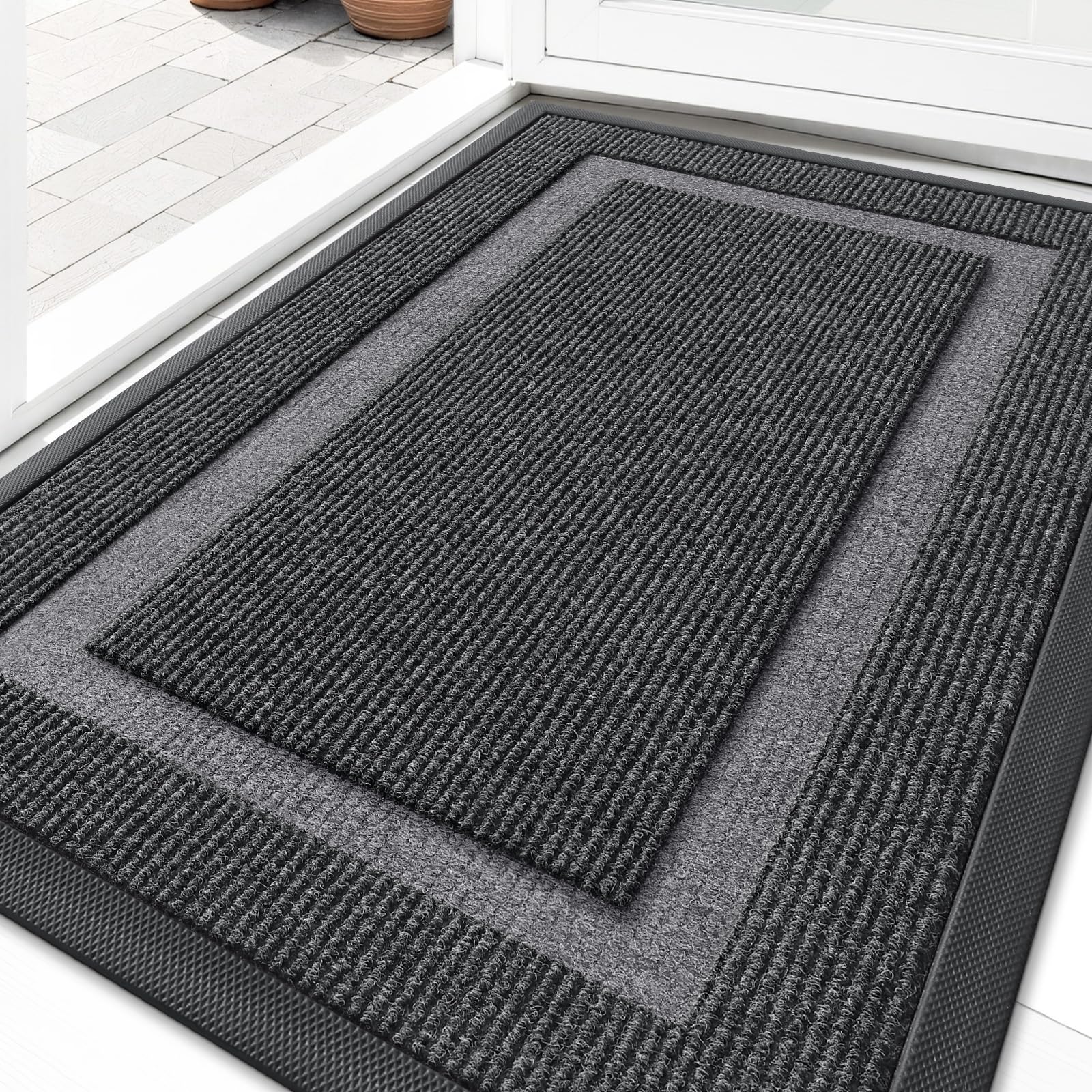 OLANLY Front Door Mat Indoor Outdoor Entrance, Waterproof All-Season, All-Weather Doormat, Sturdy Natural Rubber, Fade Resistant, Low Profile, Easy Clean Patio Porch Entryway Mat, 29.5x17, Black