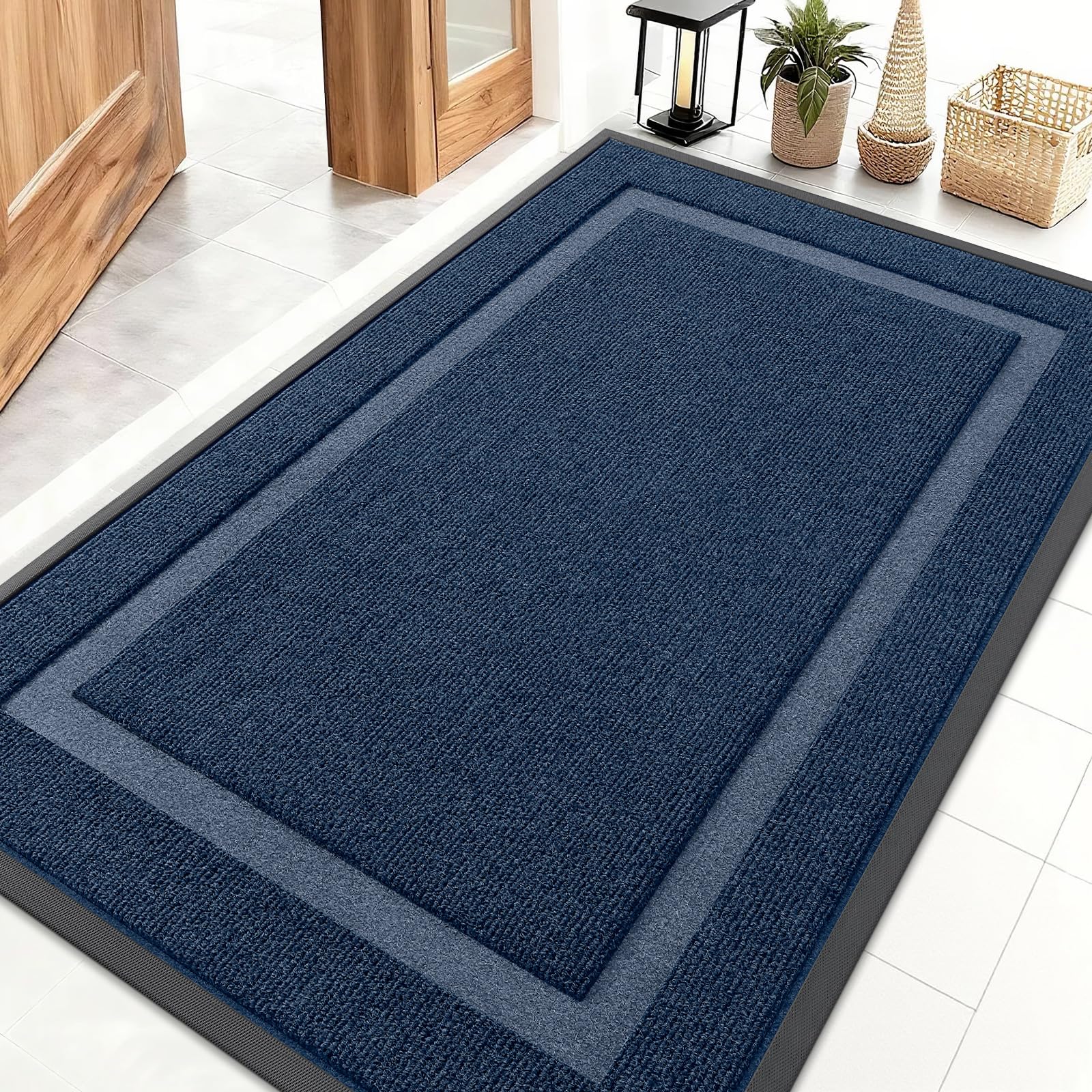 OLANLY Front Door Mat Indoor Outdoor Entrance, Waterproof All-Season, All-Weather Doormat, Sturdy Natural Rubber, Fade Resistant, Low Profile, Easy Clean Patio Porch Entryway Mat, 29.5x17, Black