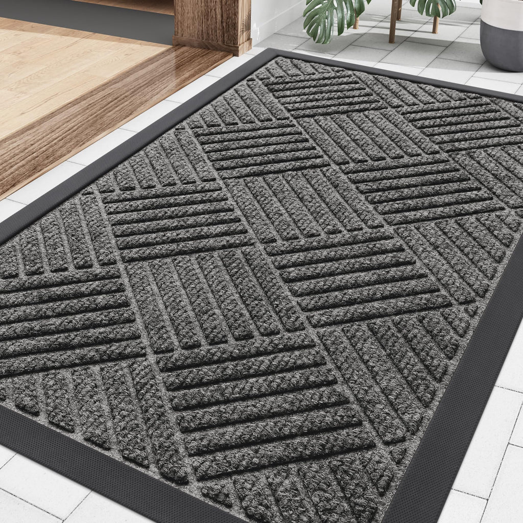 Smiry Front Door Mat Outside Entrance, Heavy Duty Outdoor Indoor Natural Rubber Doormat, Non Slip, Trap Dirt and Moisture, Easy Clean, Low Profile Patio Porch Entryway Mat, 29.5x17, Grey