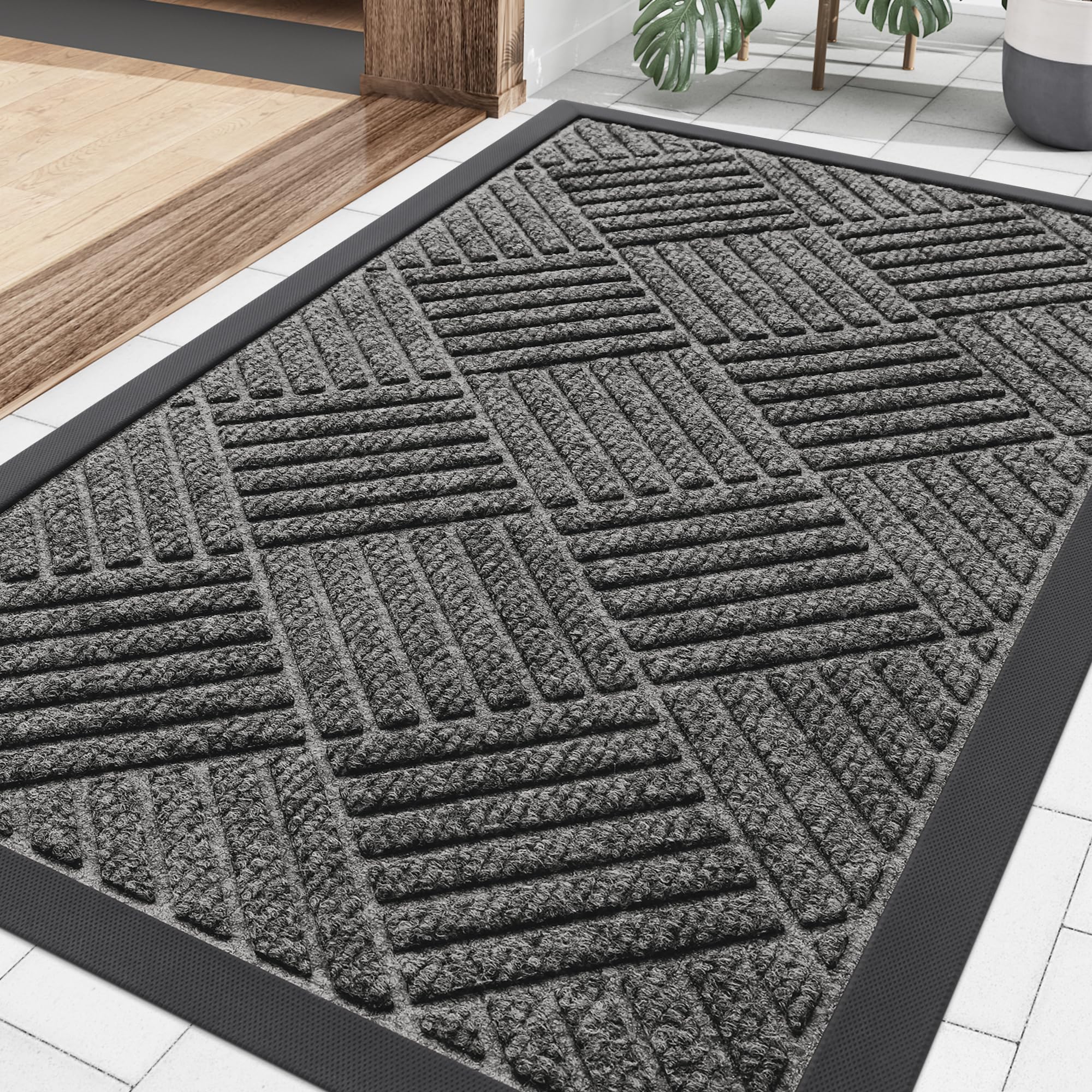 Smiry Front Door Mat Outside Entrance, Heavy Duty Outdoor Indoor Natural Rubber Doormat, Non Slip, Trap Dirt and Moisture, Easy Clean, Low Profile Patio Porch Entryway Mat, 29.5x17, Grey