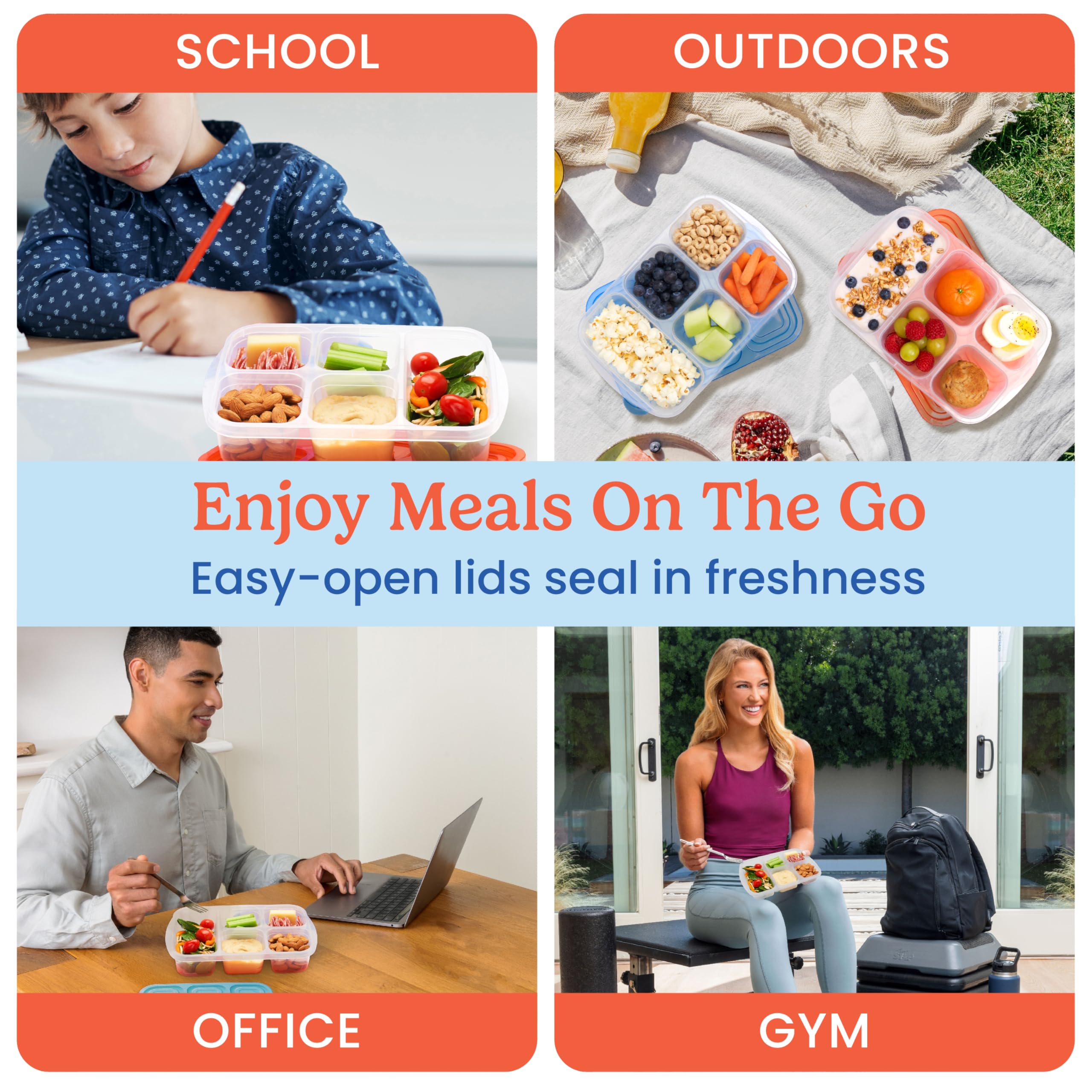 Bentgo Easyboxes - Reusable 5-Compartment Food Containers, Stackable 8-Piece Set, 4 Trays & 4 Lids, BPA-Free Food Storage for Meal Prep, School, & Work; Lunch Boxes w/Patented Design (Jewel Brights)