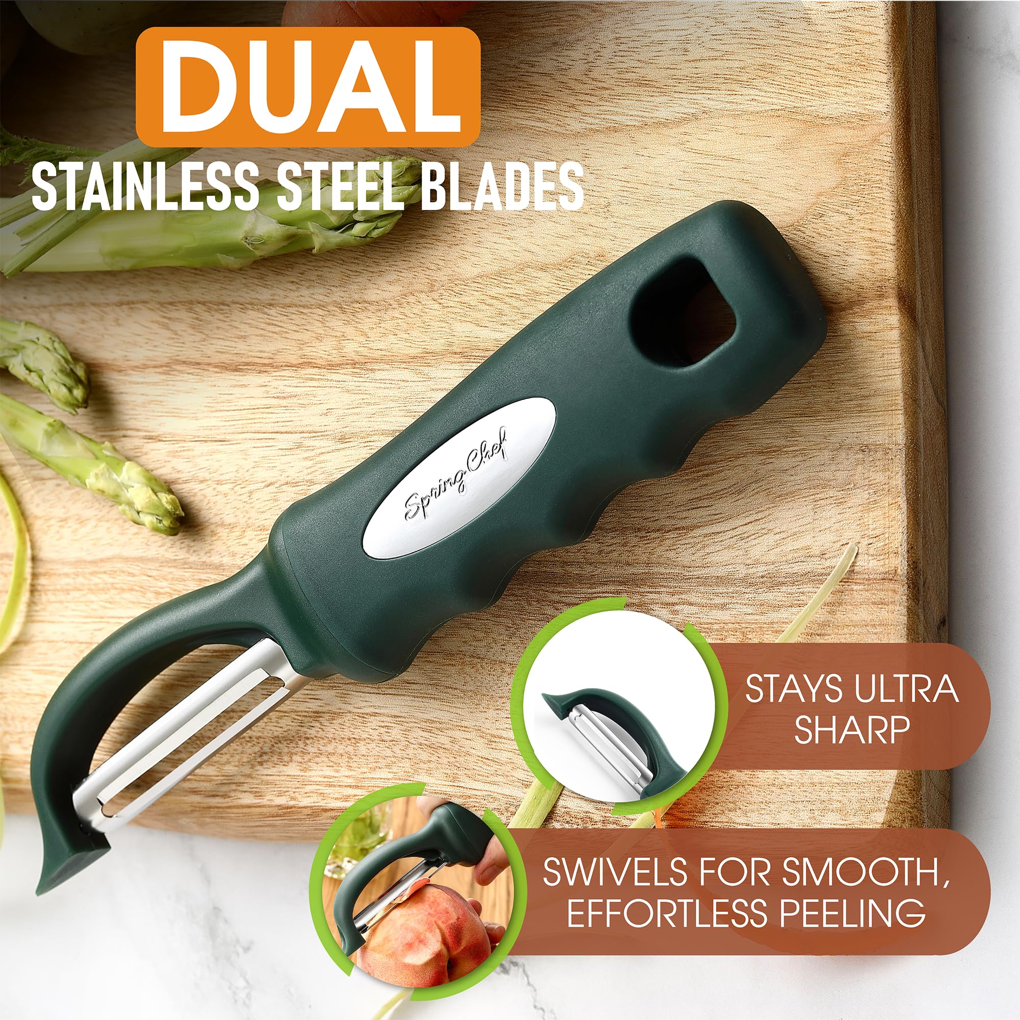 Spring Chef Premium Swivel Vegetable Peeler, Soft Grip Handle and Ultra Sharp Stainless Steel Blades - Perfect Kitchen Peeler For Veggie, Fruit, Potato, Carrot, Apple - Black