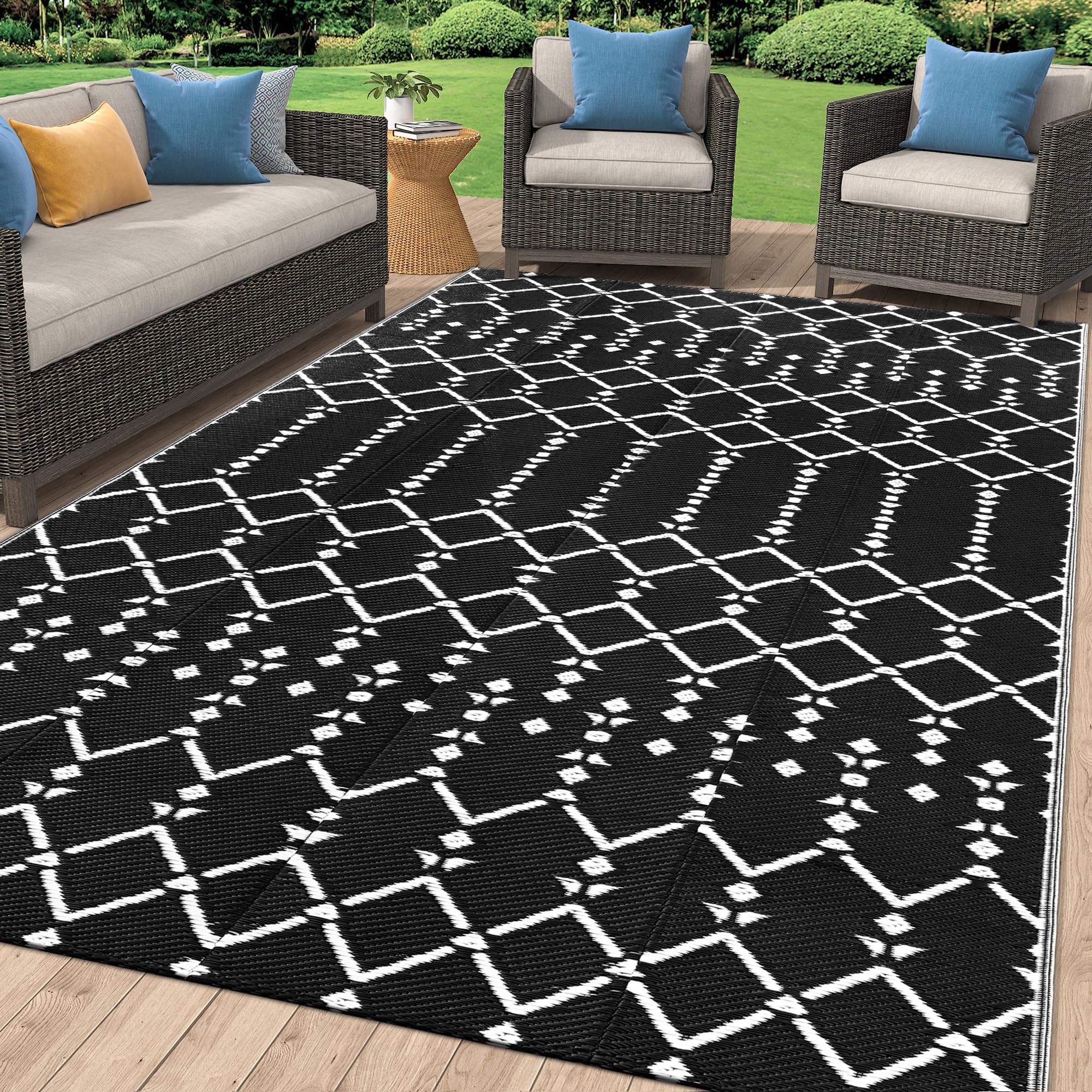 Smiry Waterproof Outdoor Rug 5x8 ft, Reversible Plastic Straw Patio Camping Rugs, Outdoor Indoor RV Mat Carpet for Patio, Outside Entry, Backyard, Deck, Bench, Picnic, Camper, Black & Beige