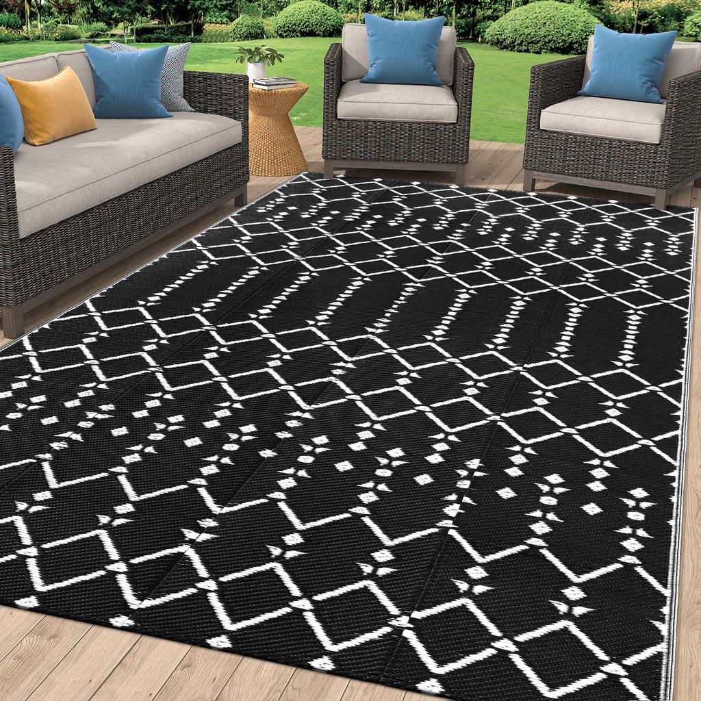 Smiry Waterproof Outdoor Rug 5x8 ft, Reversible Plastic Straw Patio Camping Rugs, Outdoor Indoor RV Mat Carpet for Patio, Outside Entry, Backyard, Deck, Bench, Picnic, Camper, Black & Beige