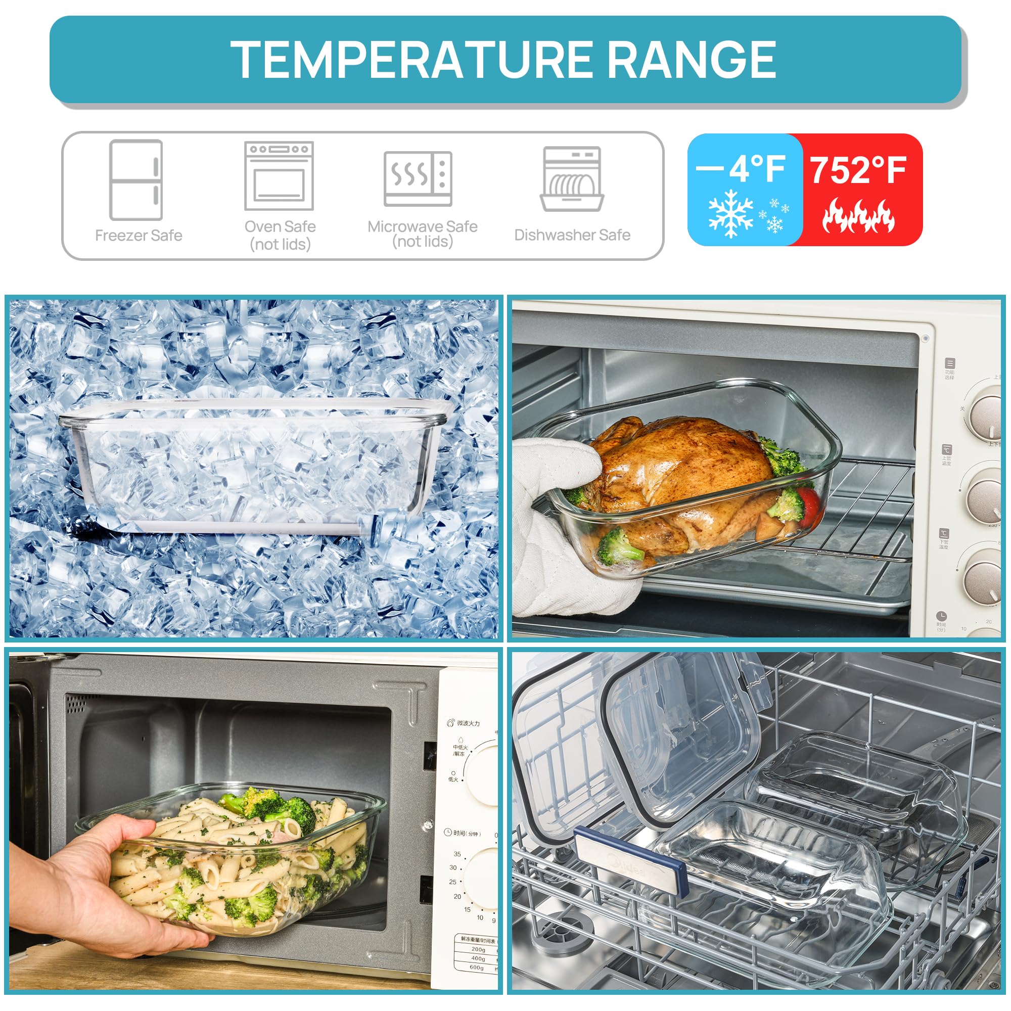Vtopmart 2Pack 1860ml/63oz Large Glass Storage Containers with Lids, Meal Prep Food Container Set with Snap Airtight Lid for Baking, Microwave, Oven, Leak Proof, for Freezer, Dishwasher, Grey