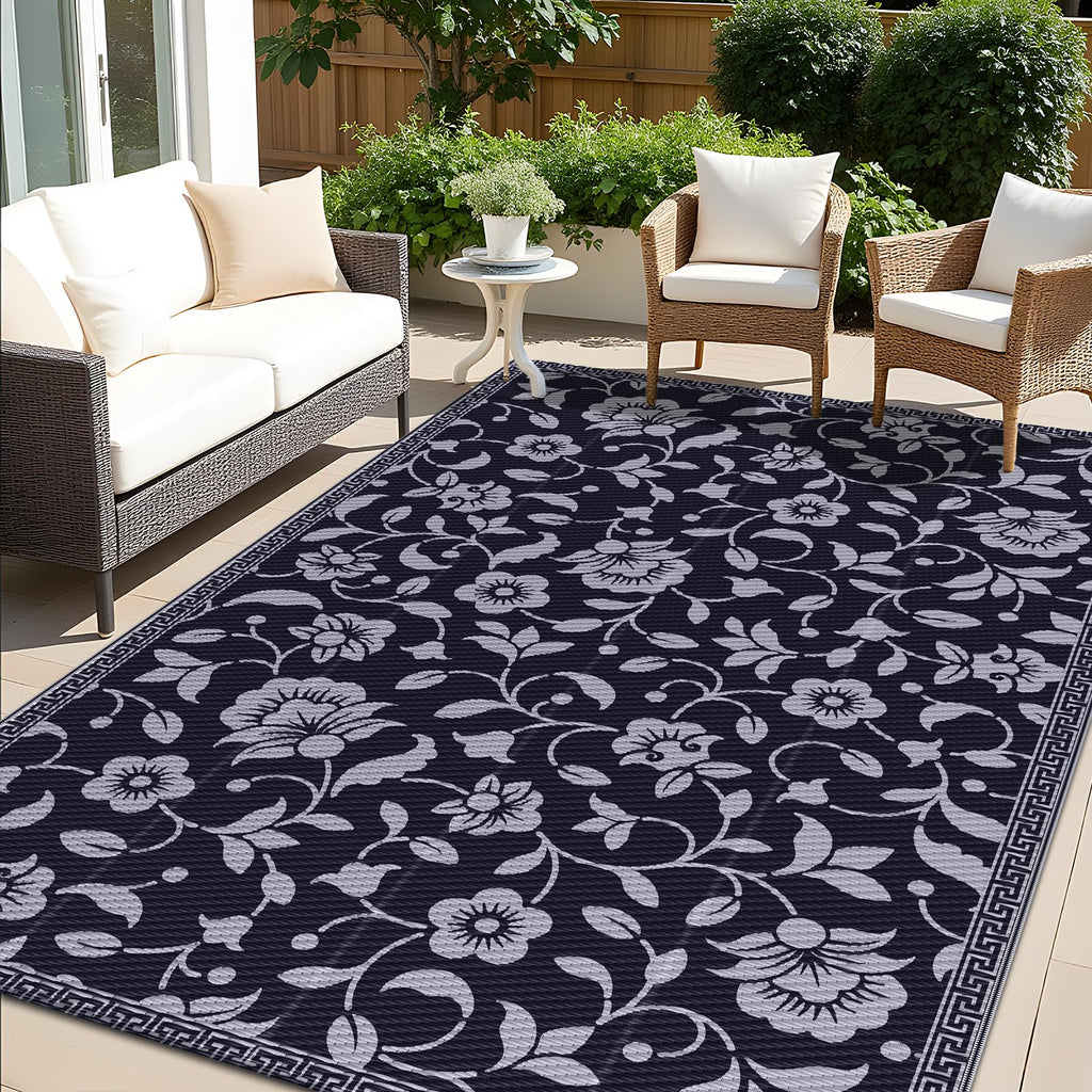 OLANLY Waterproof Outdoor Rug 5x8 ft, Outdoor Plastic Straw Rug with Flower Pattern, Reversible RV Mat for Patio, Camping, Balcony, Deck, Backyard, Navy & White