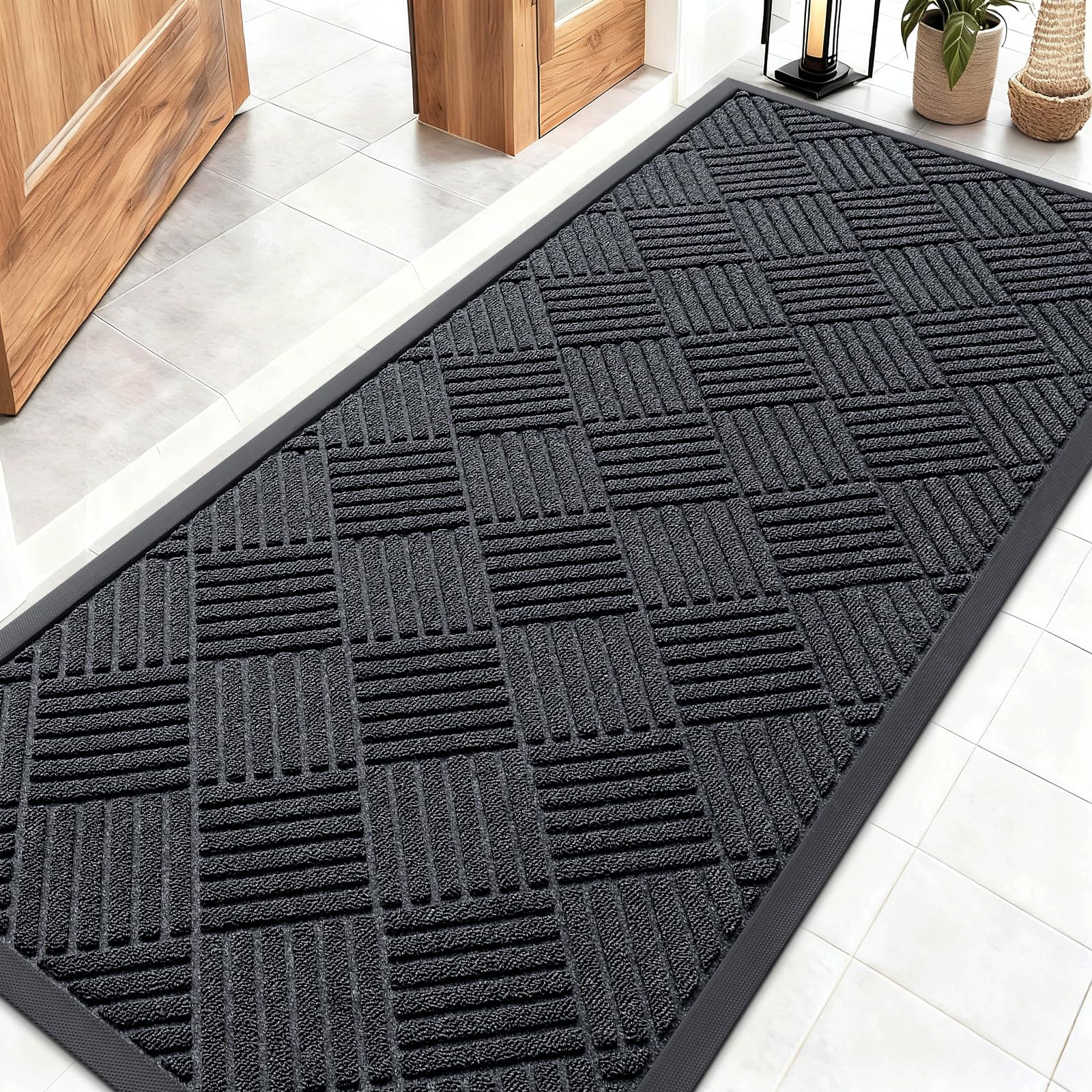 OLANLY Front Door Mat Outside Entrance 29.5x17, Absorbent, Heavy Duty Sturdy Natural Rubber Doormat Indoor Outdoor, Stain and Fade Resistant, Non-Slip Low Profile Floor Mat for Entryway, Grey Diamond