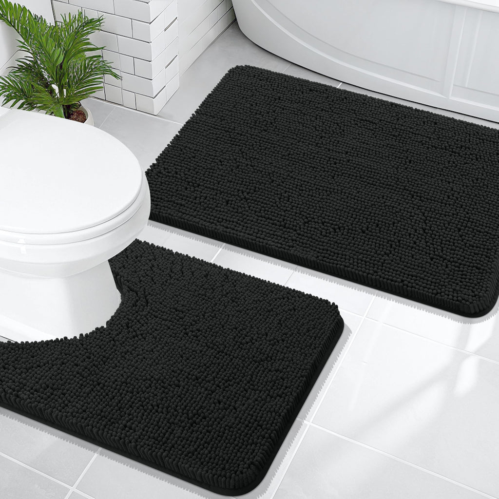 OLANLY Bathroom Rugs Sets 2 Piece, Soft Absorbent Chenille Bath Mats and U-Shaped Contour Toilet Mat Area Rug Set, Machine Washable Bath Carpet, Home Decor Accessories(30"x20"+24"x20", Grey)