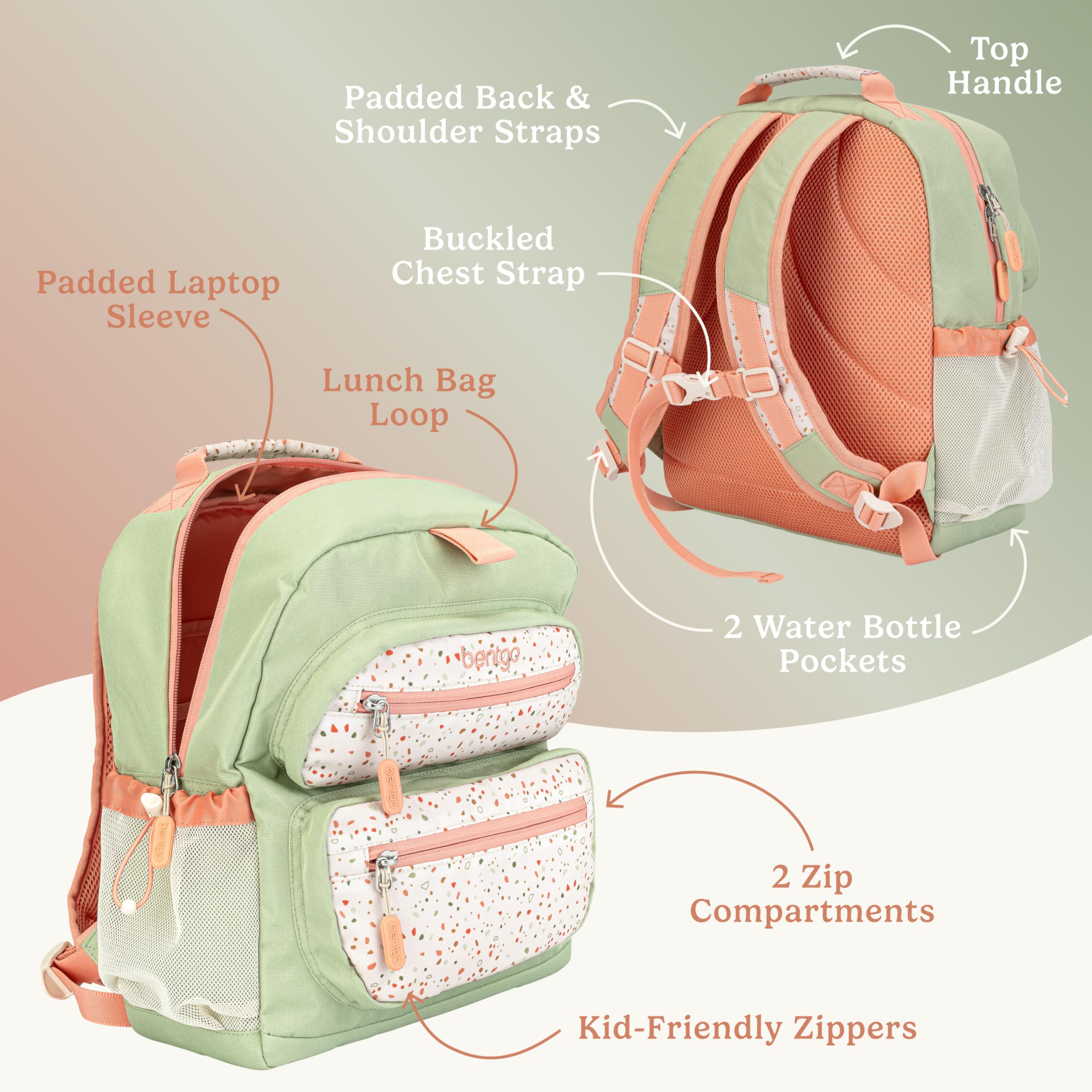 Bentgo Kids Backpack - Lightweight 14” Backpack in Fun Prints for School, Travel, & Daycare, Ideal for Ages 4+, Roomy Interior, Durable & Water-Resistant Fabric, & Loop for Lunch Bag (Trucks)