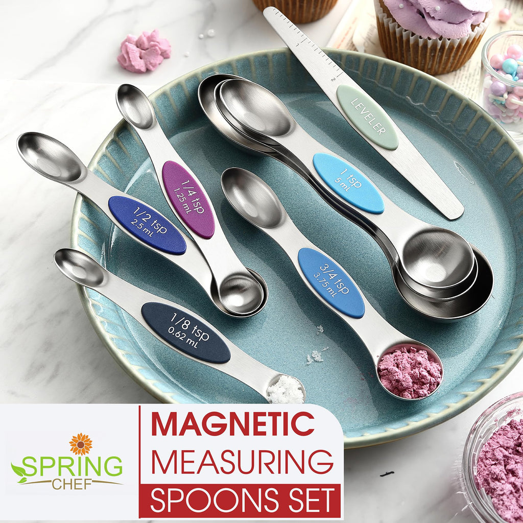 Spring Chef Stainless Steel Magnetic Measuring Spoons Set with Strong N45 Magnets, Heavy Duty Metal Kitchen Gadgets for Baking & Cooking, Fits in Most Kitchen Spice Jars, Set of 8 with Leveler, Black