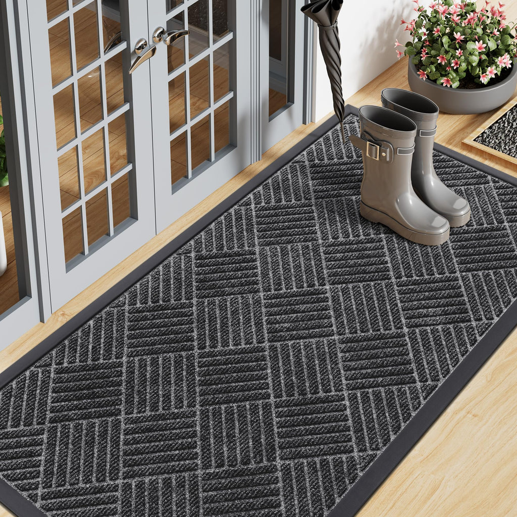 Smiry Front Door Mat Outside Entrance, Heavy Duty Outdoor Indoor Natural Rubber Doormat, Non Slip, Trap Dirt and Moisture, Easy Clean, Low Profile Patio Porch Entryway Mat, 29.5x17, Grey