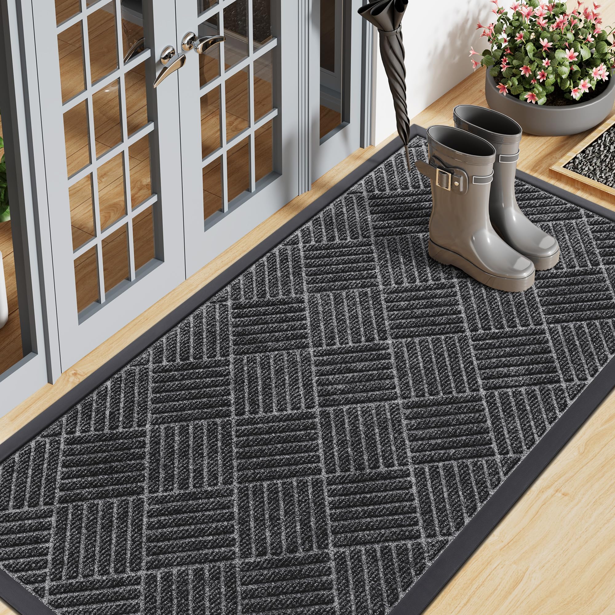 Smiry Front Door Mat Outside Entrance, Heavy Duty Outdoor Indoor Natural Rubber Doormat, Non Slip, Trap Dirt and Moisture, Easy Clean, Low Profile Patio Porch Entryway Mat, 29.5x17, Grey