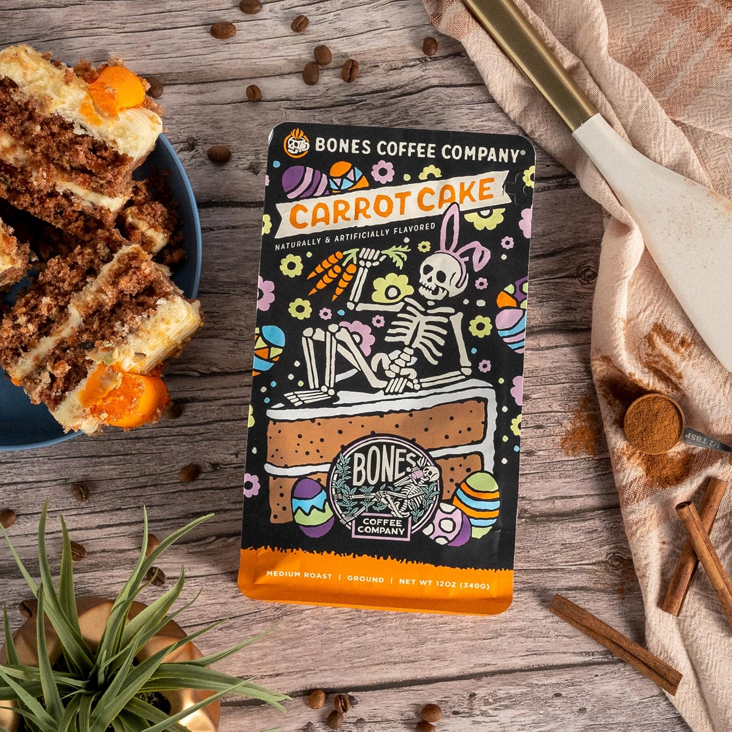 Bones Coffee Company Carrot Cake with Sweet Cream Cheese Flavored Coffee, Medium Roast Low Acid Arabica Beans Compatible with Auto drip and French Press Coffee Maker, 12 Oz Ground