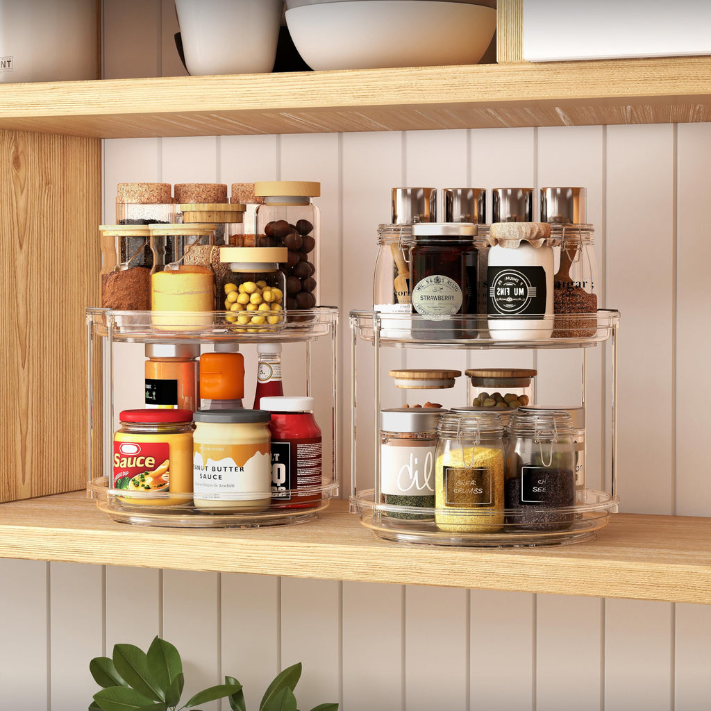 2 Pack 2 Tier Lazy Susan Turntable Organizer 9.25 inch, Rotating Spice Rack Organization for Cabinet, Bathroom, Pantry, Countertop, Kitchen, Vanity, Medicine Cabinet Organizer, Clear