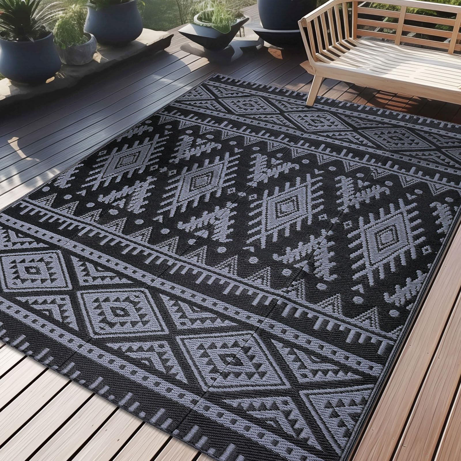 OLANLY Outdoor Rug Waterproof 5x8 ft, Reversible Outdoor Plastic Straw Rug, Boho Patio Rug, Indoor Outdoor Carpet, RV Mat Outside for Patio, Camp, Picnic, Balcony, Deck, Backyard, Black & White