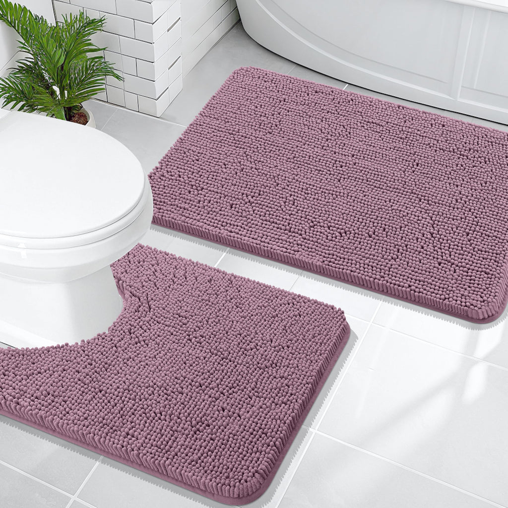 OLANLY Bathroom Rugs Sets 2 Piece, Soft Absorbent Chenille Bath Mats and U-Shaped Contour Toilet Mat Area Rug Set, Machine Washable Bath Carpet, Home Decor Accessories(30"x20"+24"x20", Grey)